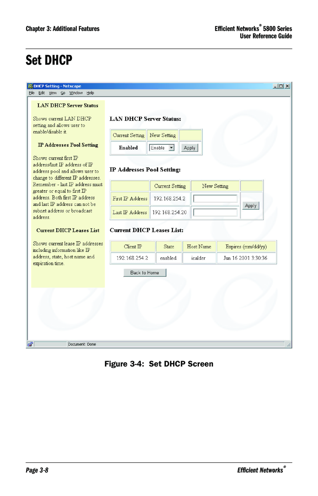 Efficient Networks 5800 manual Set Dhcp Screen 