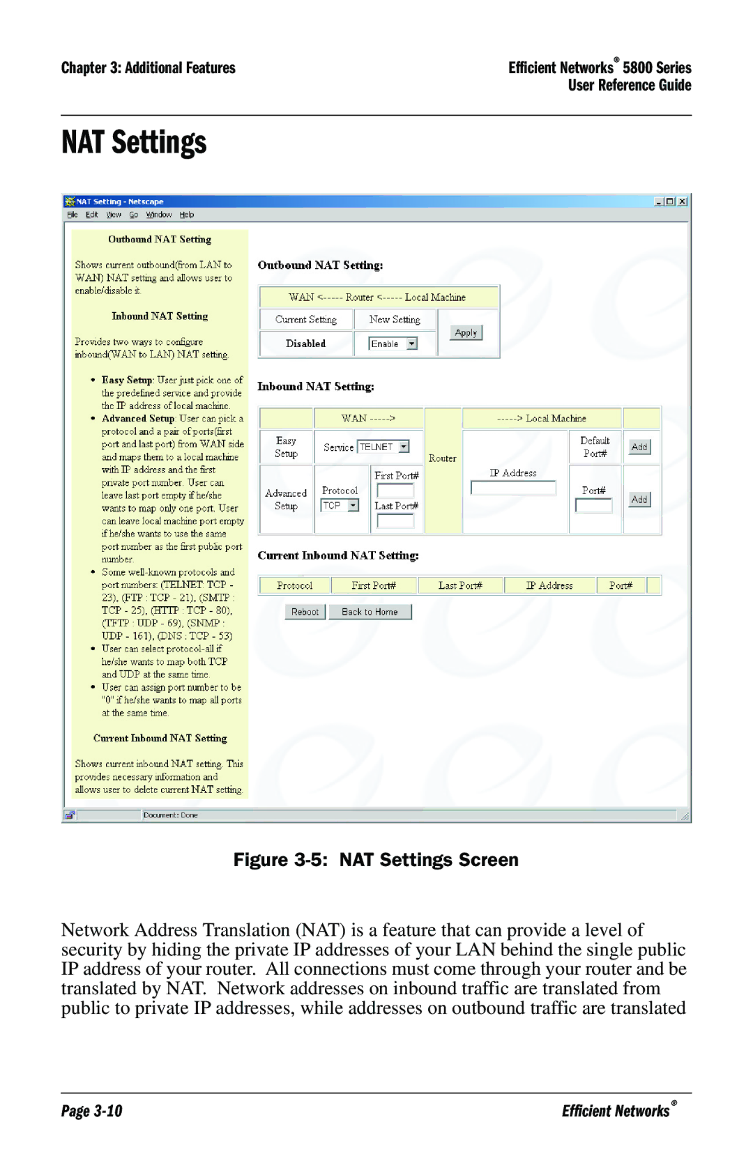 Efficient Networks 5800 manual NAT Settings Screen 