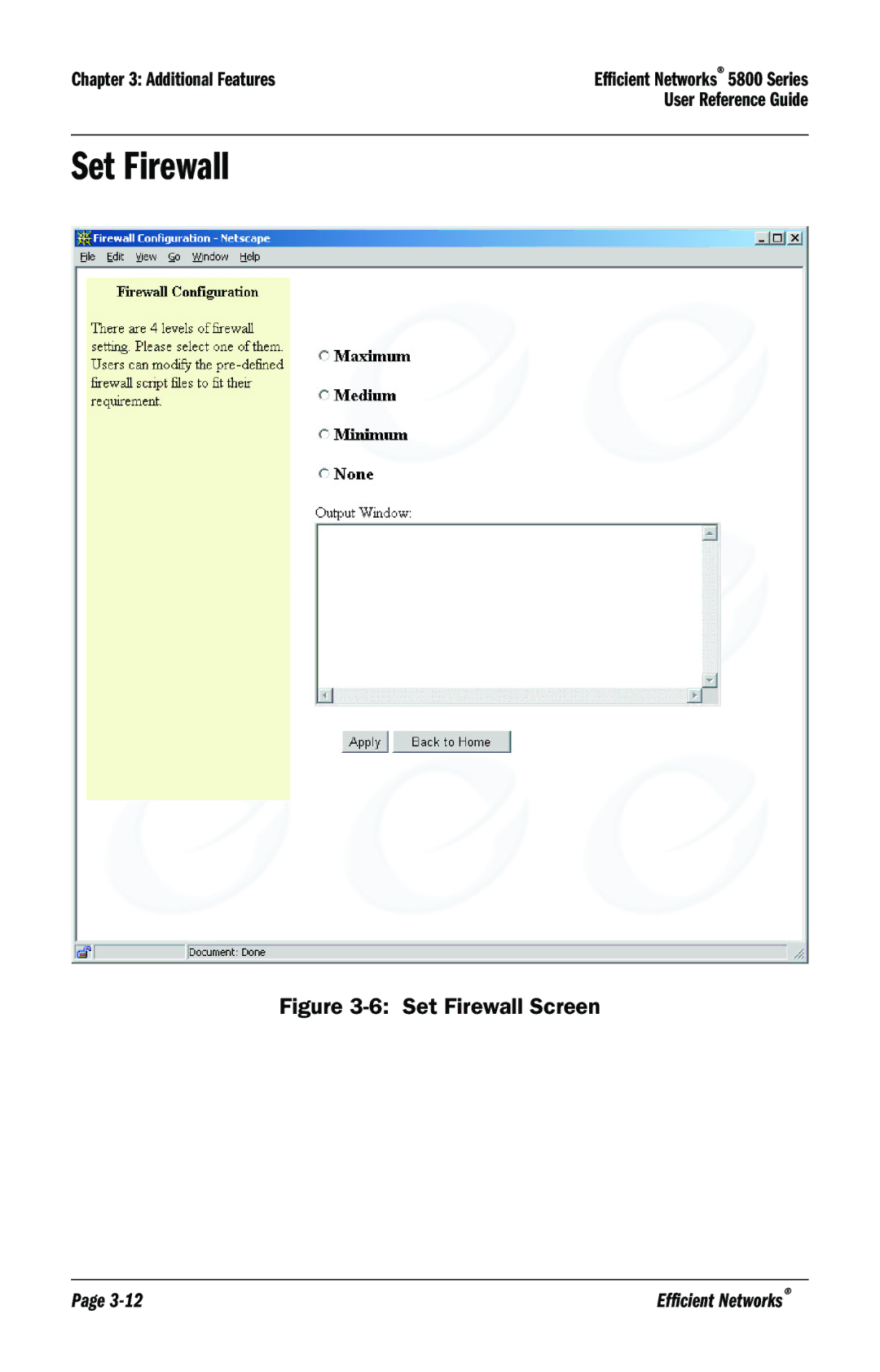 Efficient Networks 5800 manual Set Firewall Screen 