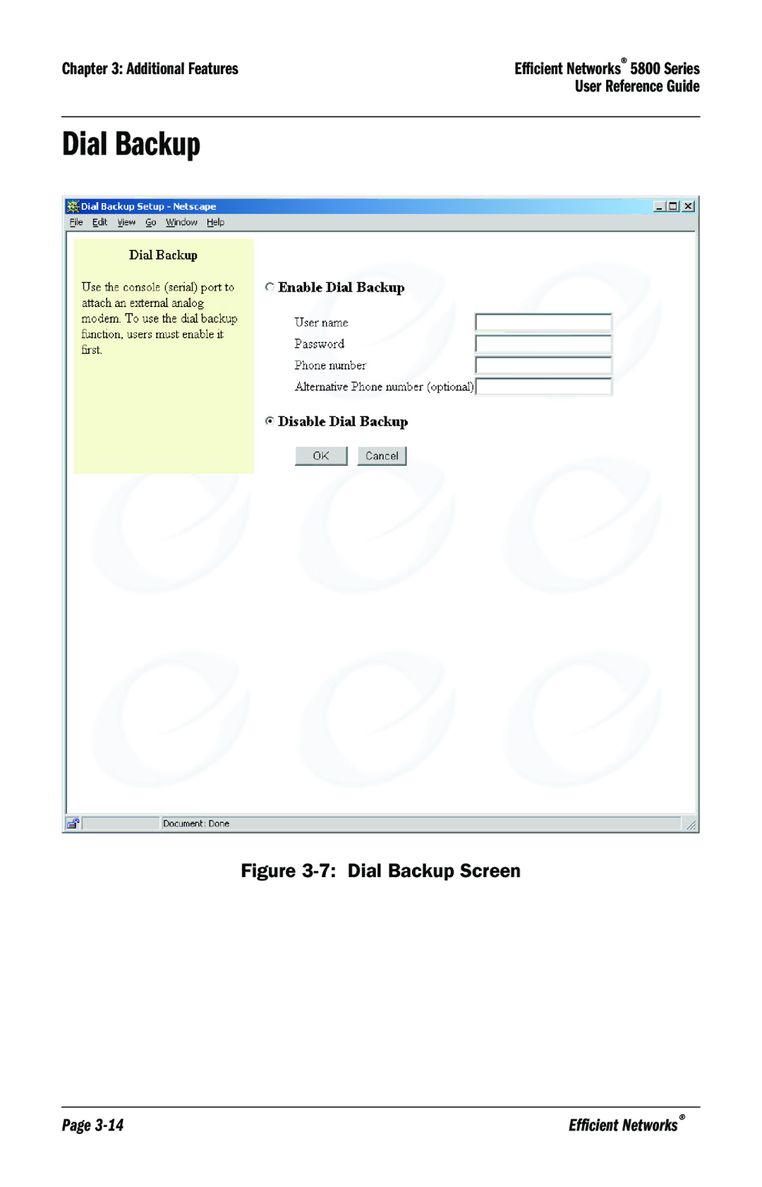 Efficient Networks 5800 manual Dial Backup Screen 