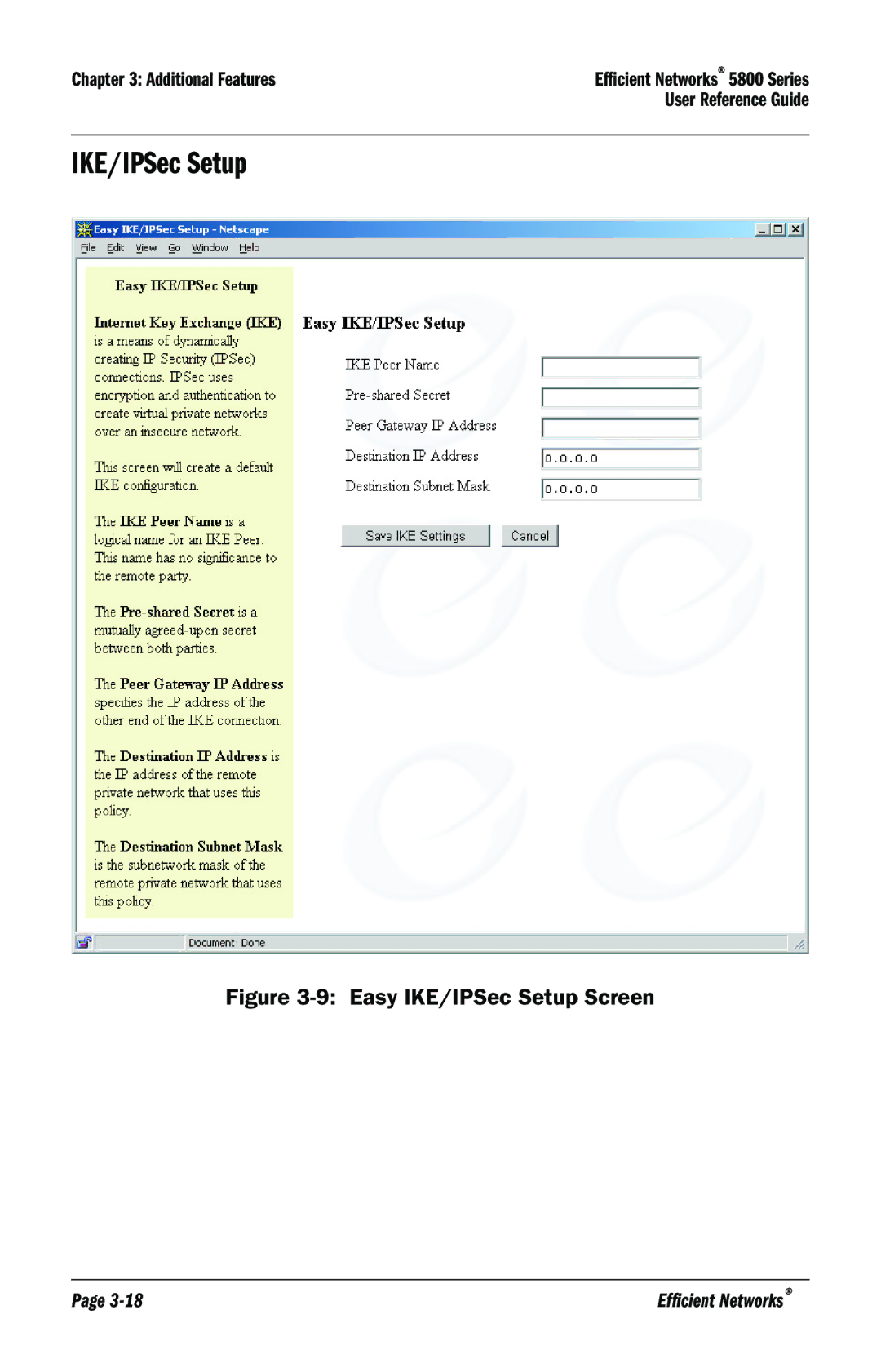 Efficient Networks 5800 manual Easy IKE/IPSec Setup Screen 