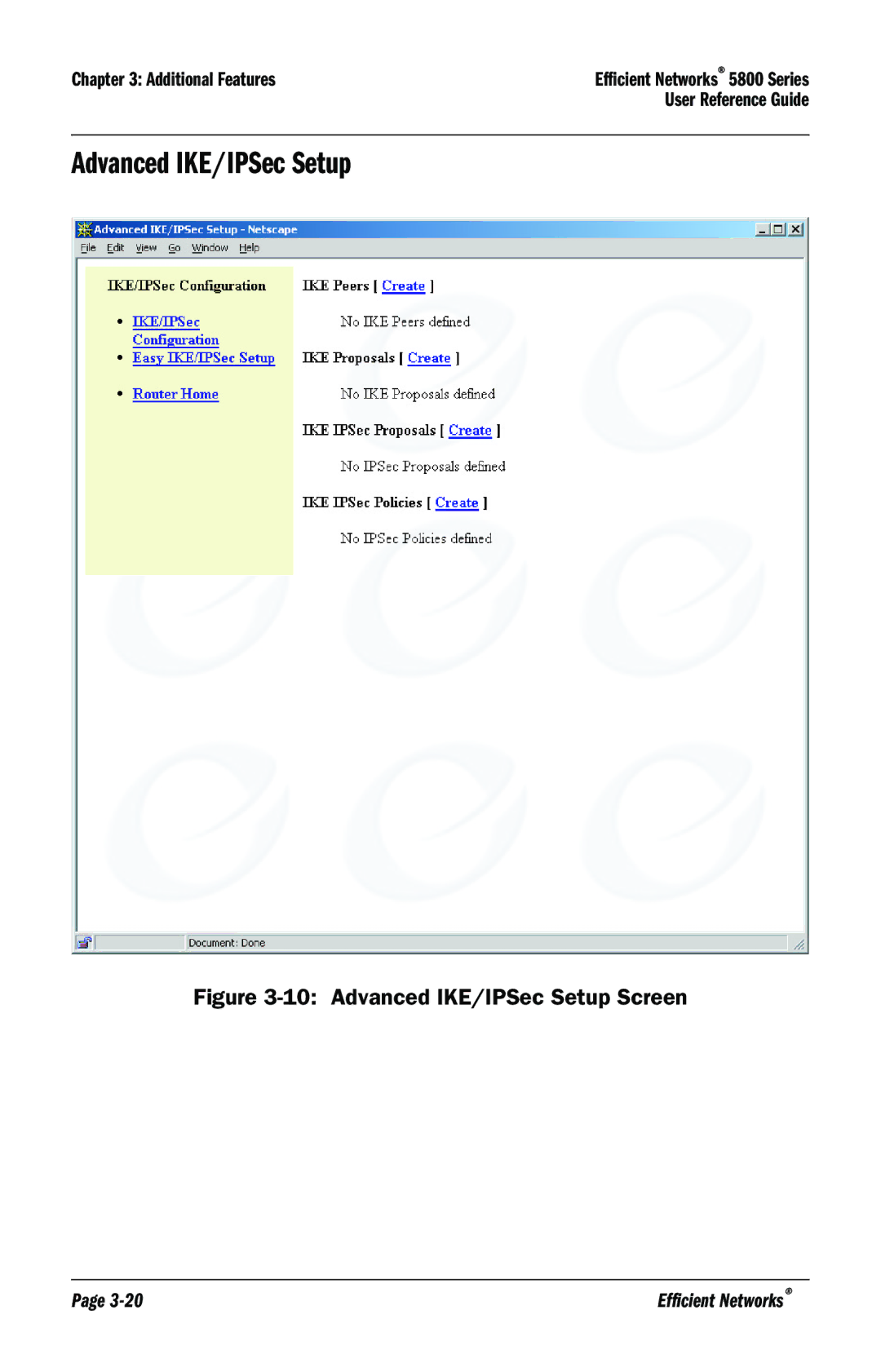 Efficient Networks 5800 manual Advanced IKE/IPSec Setup Screen 