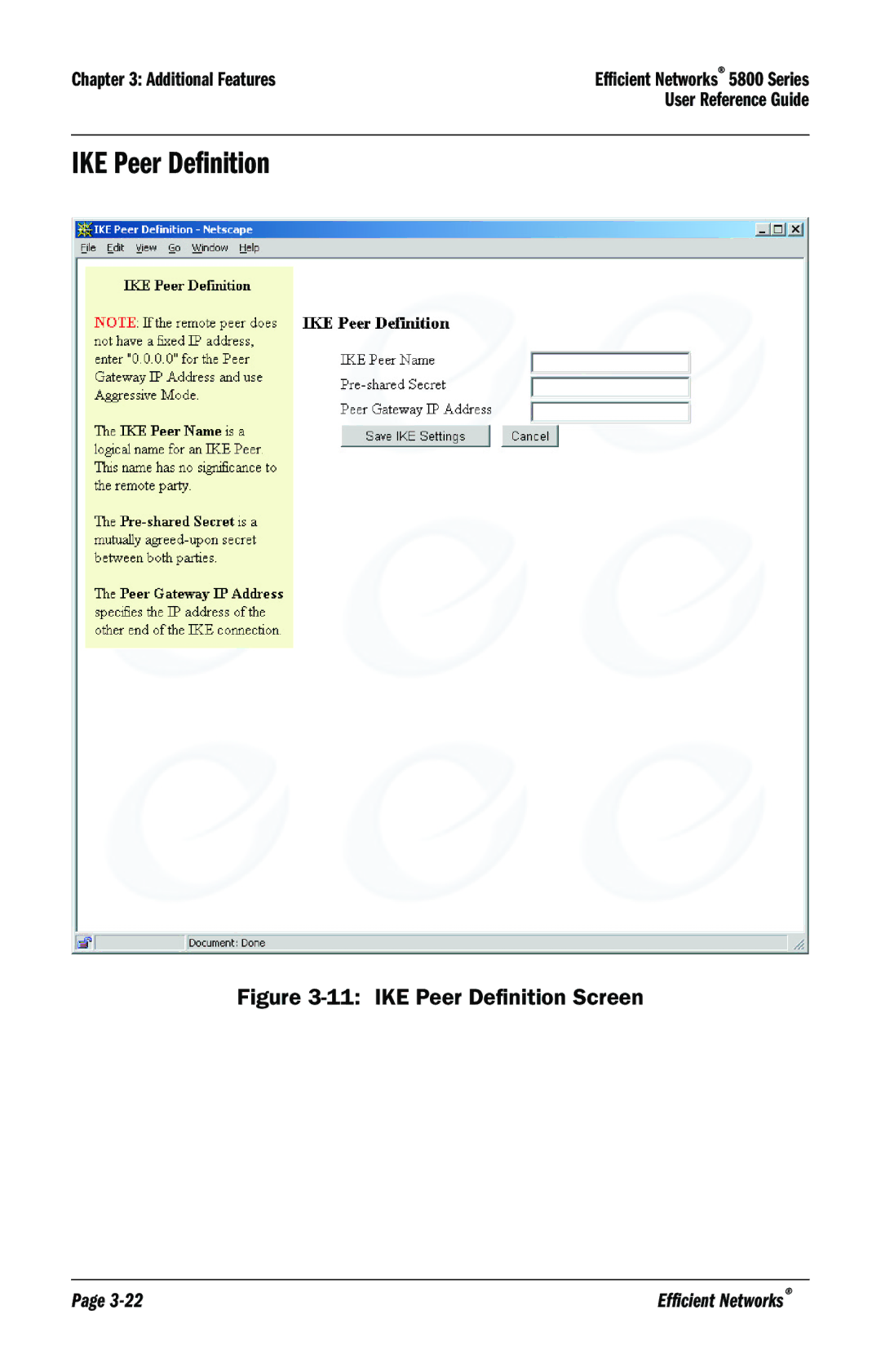 Efficient Networks 5800 manual IKE Peer Definition Screen 