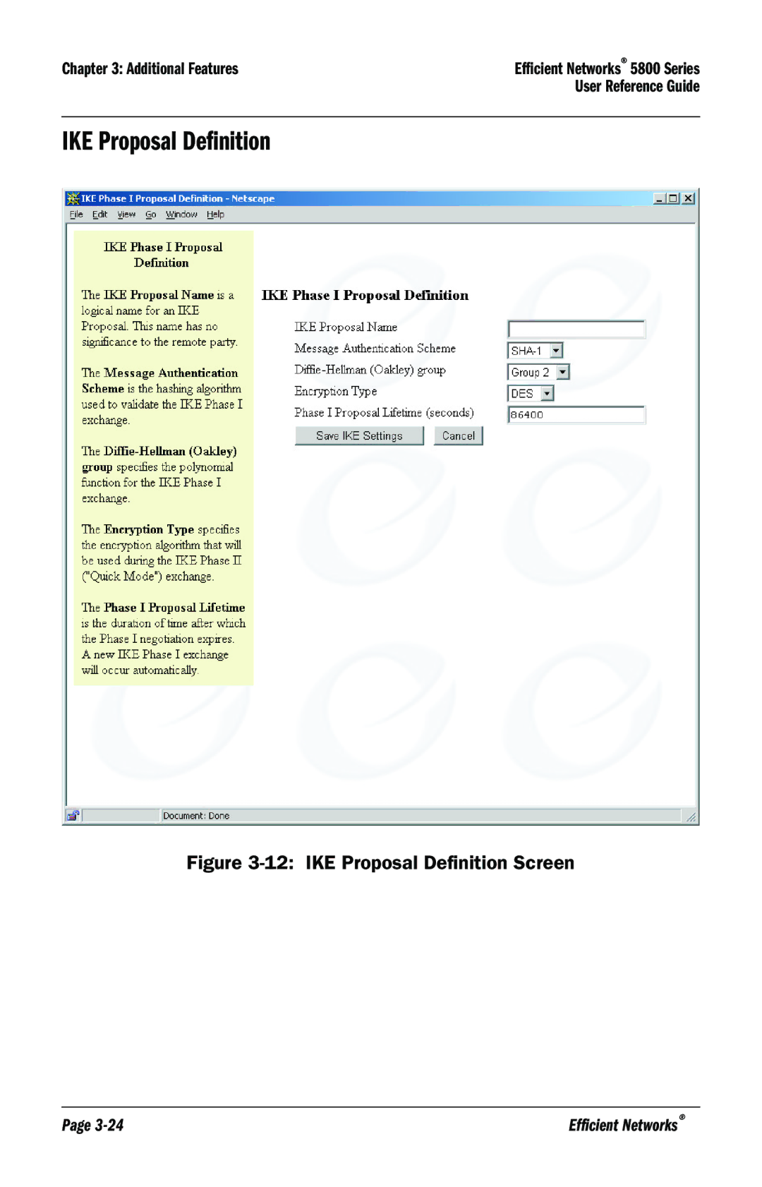 Efficient Networks 5800 manual IKE Proposal Definition Screen 