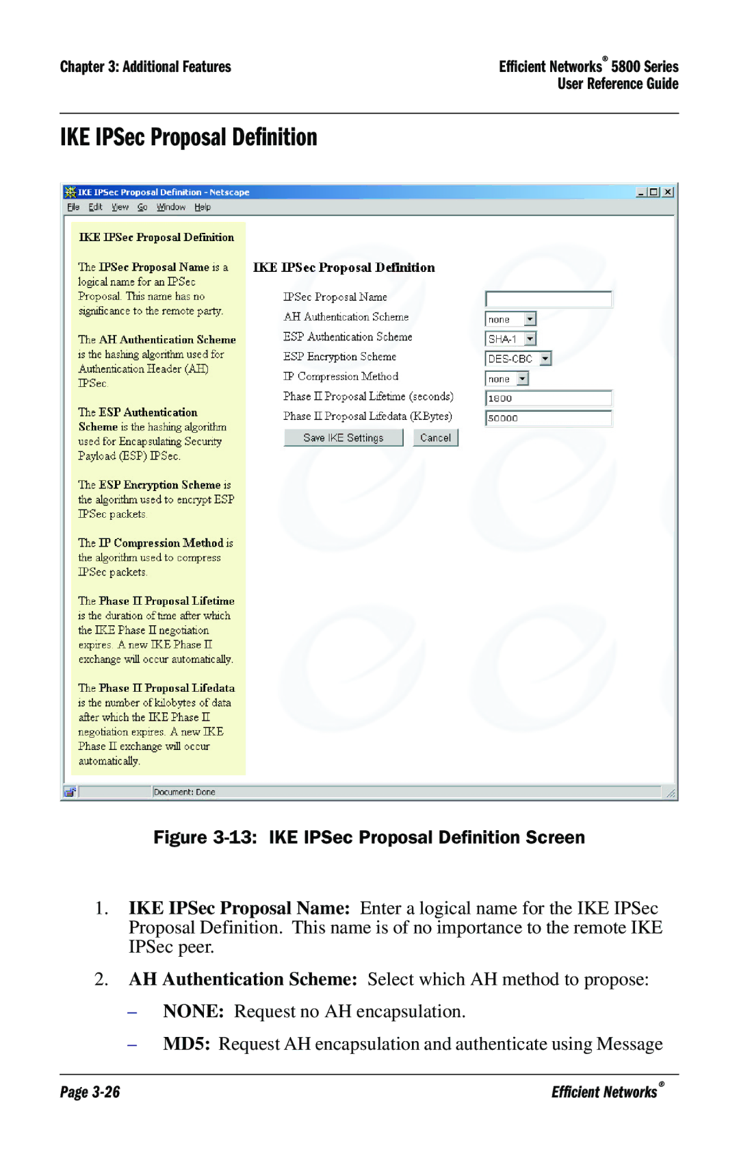 Efficient Networks 5800 manual IKE IPSec Proposal Definition Screen 