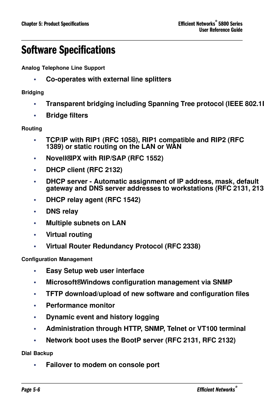 Efficient Networks 5800 manual Software Specifications, Failover to modem on console port 