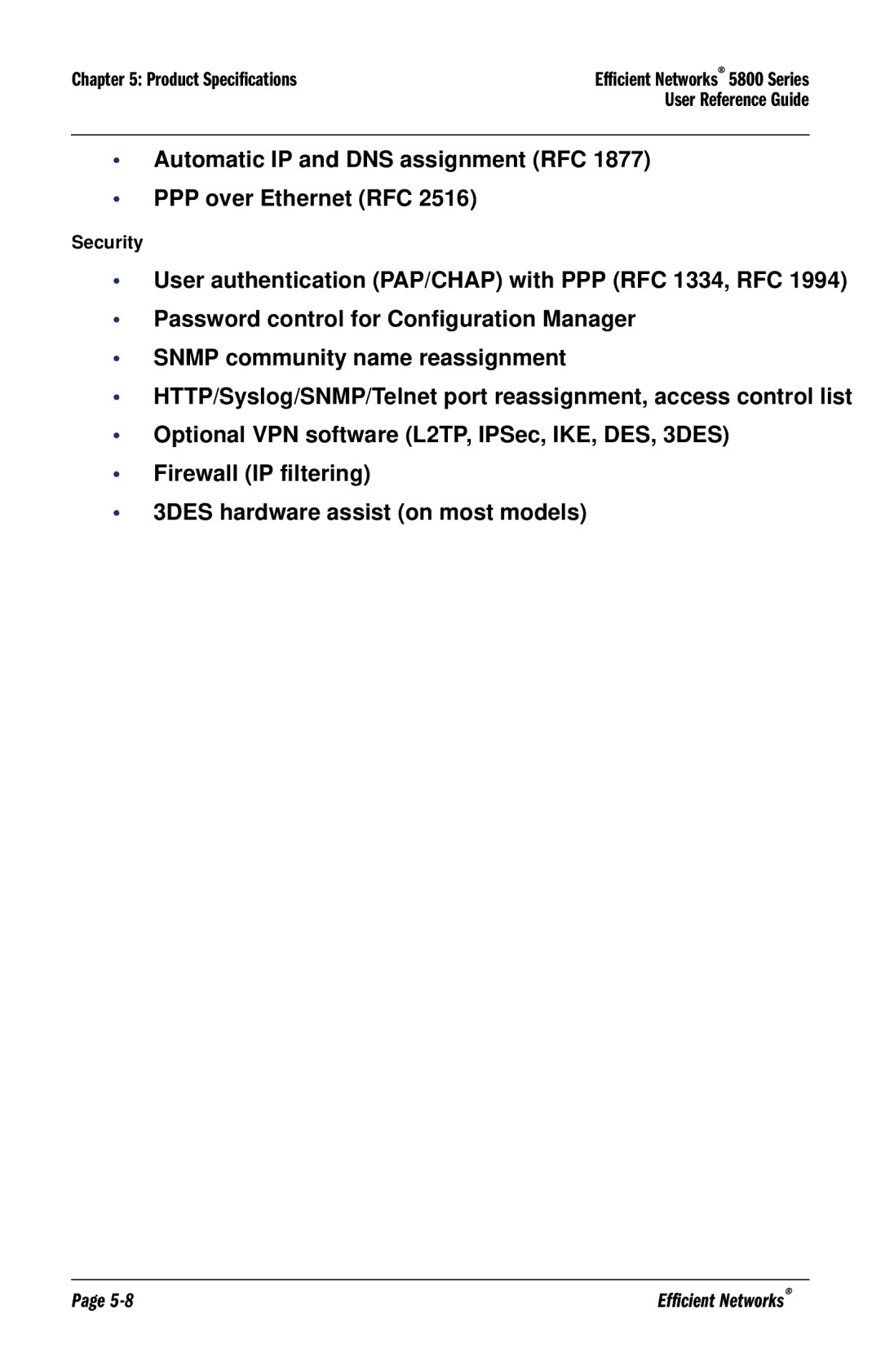 Efficient Networks 5800 manual Automatic IP and DNS assignment RFC PPP over Ethernet RFC 