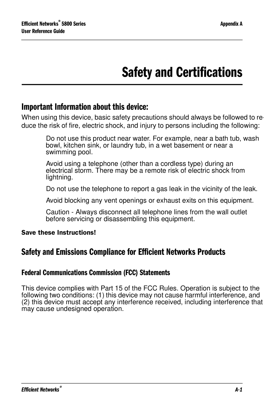 Efficient Networks 5800 manual Safety and Certifications, Important Information about this device 