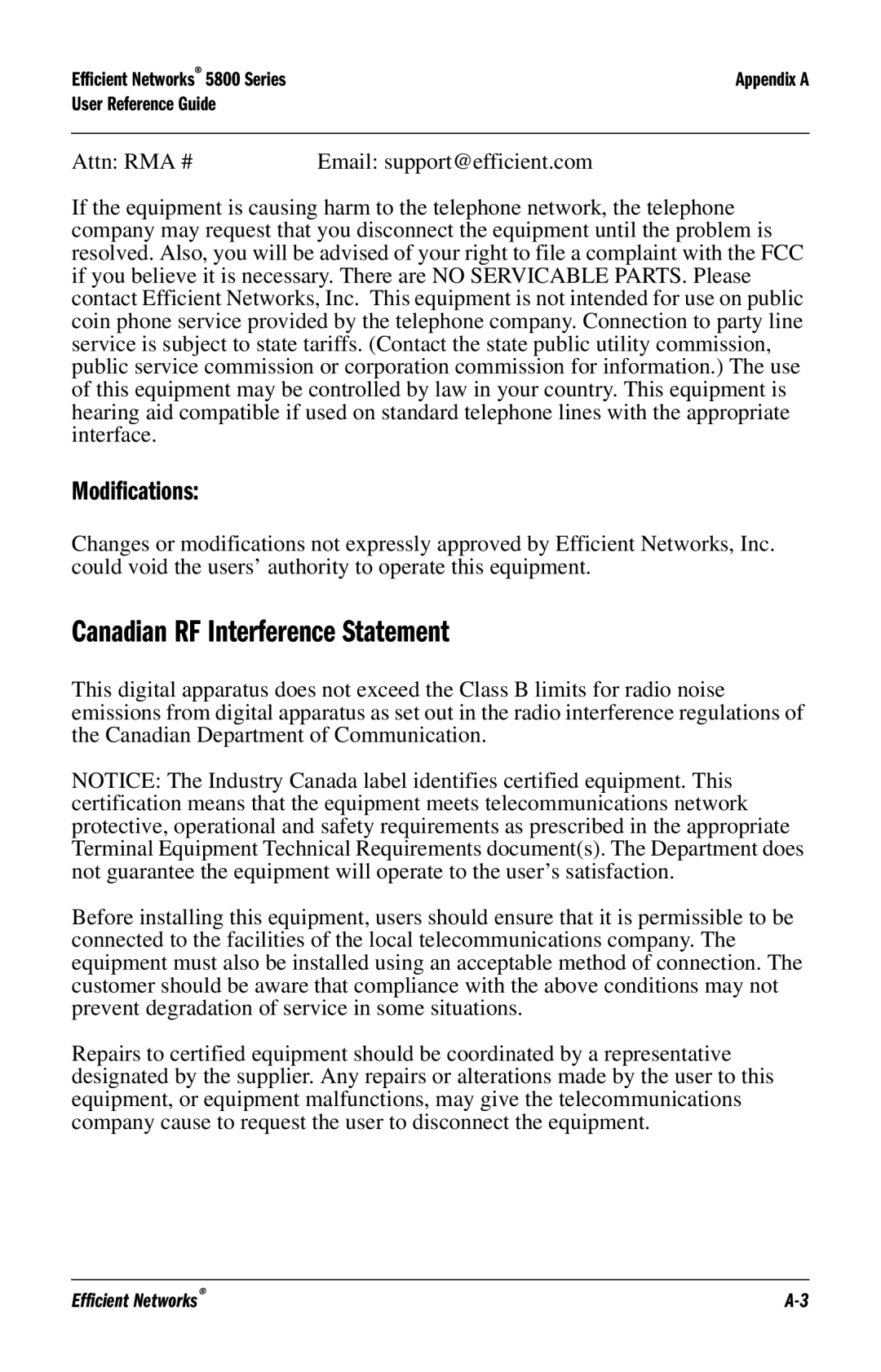 Efficient Networks 5800 manual Canadian RF Interference Statement, Modifications 