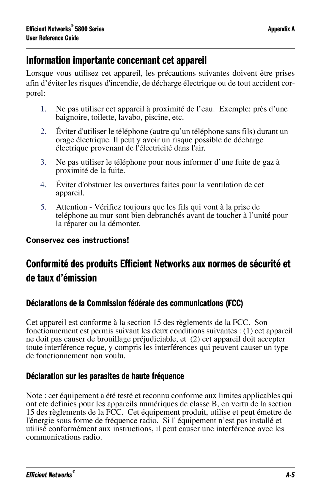 Efficient Networks 5800 Information importante concernant cet appareil, Déclaration sur les parasites de haute fréquence 