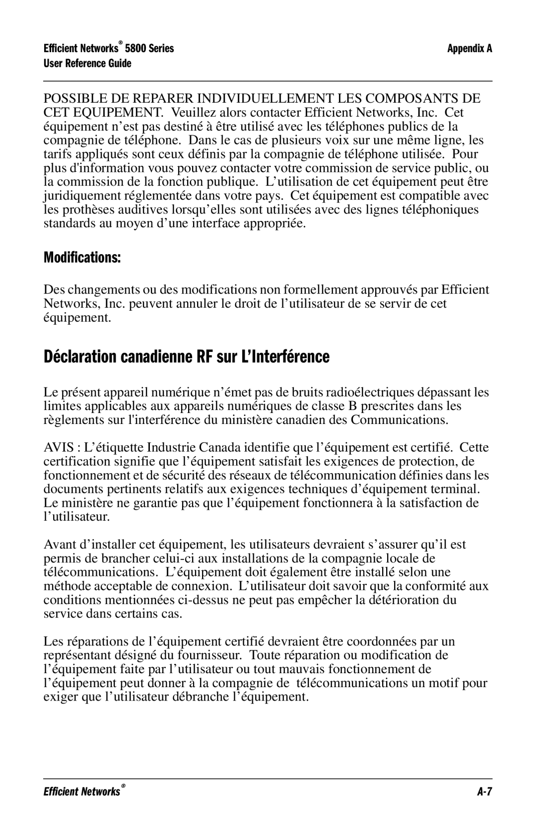 Efficient Networks 5800 manual Déclaration canadienne RF sur L’Interférence 