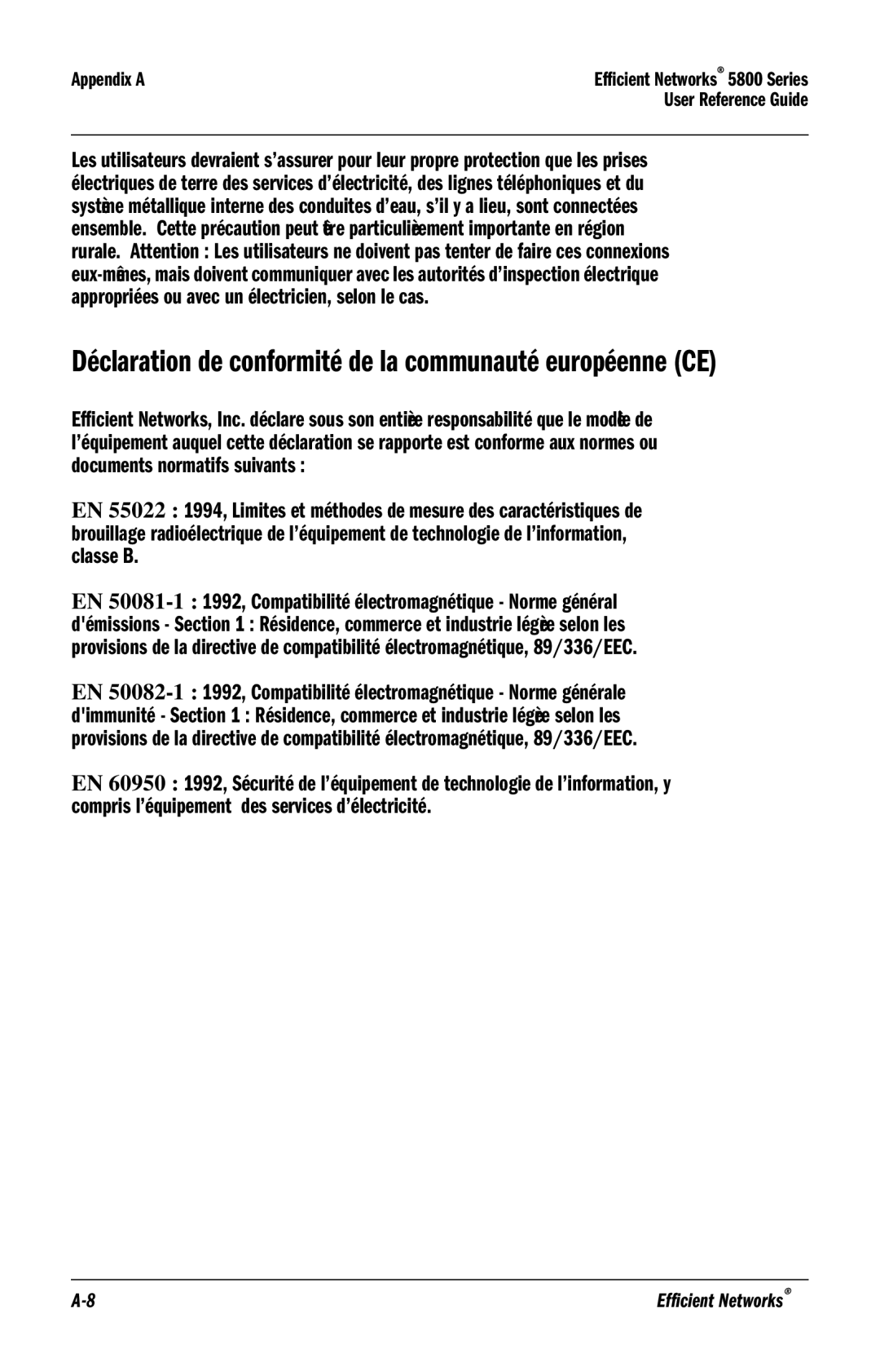 Efficient Networks 5800 manual Déclaration de conformité de la communauté européenne CE 