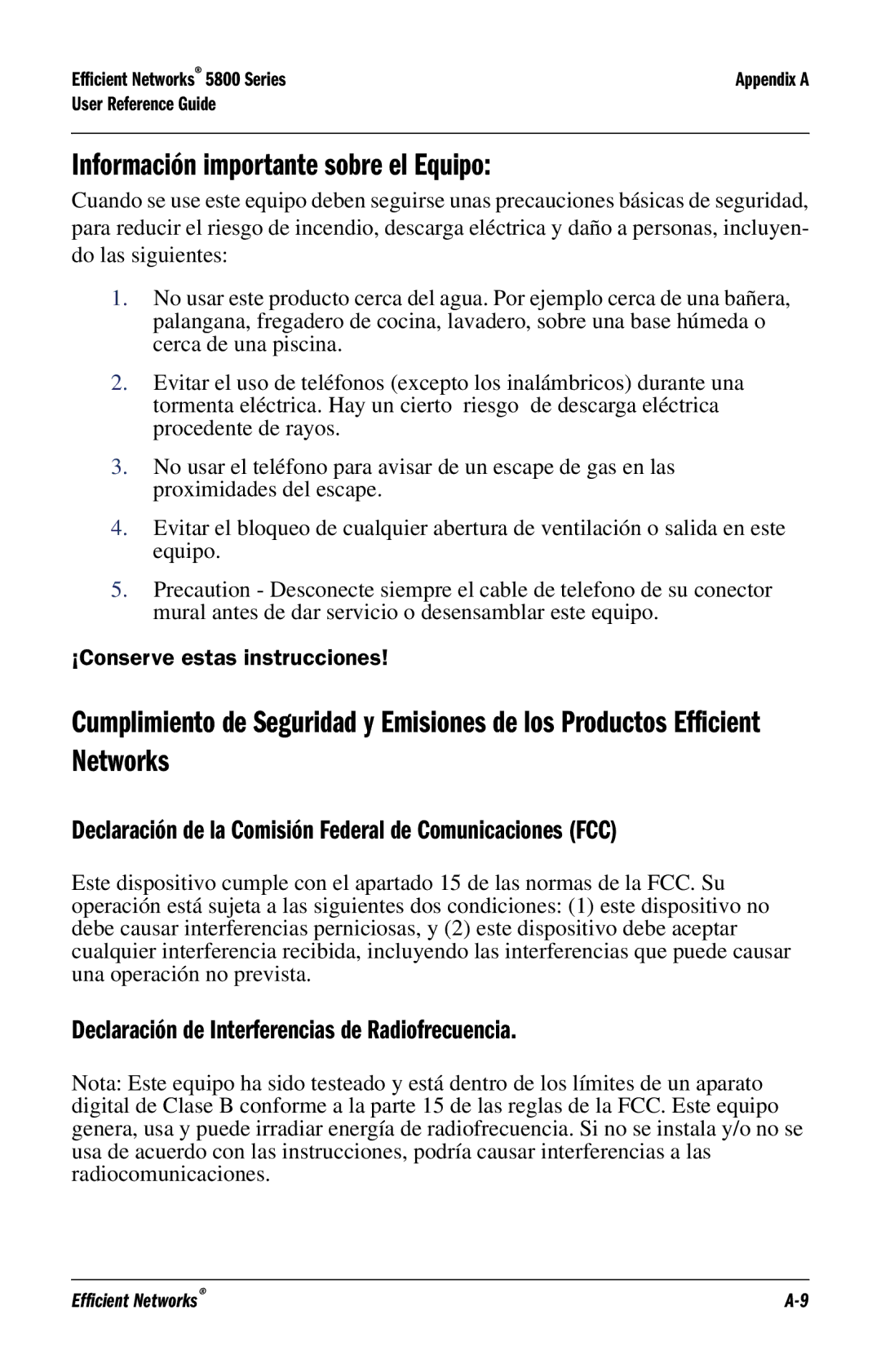 Efficient Networks 5800 Información importante sobre el Equipo, Declaración de la Comisión Federal de Comunicaciones FCC 