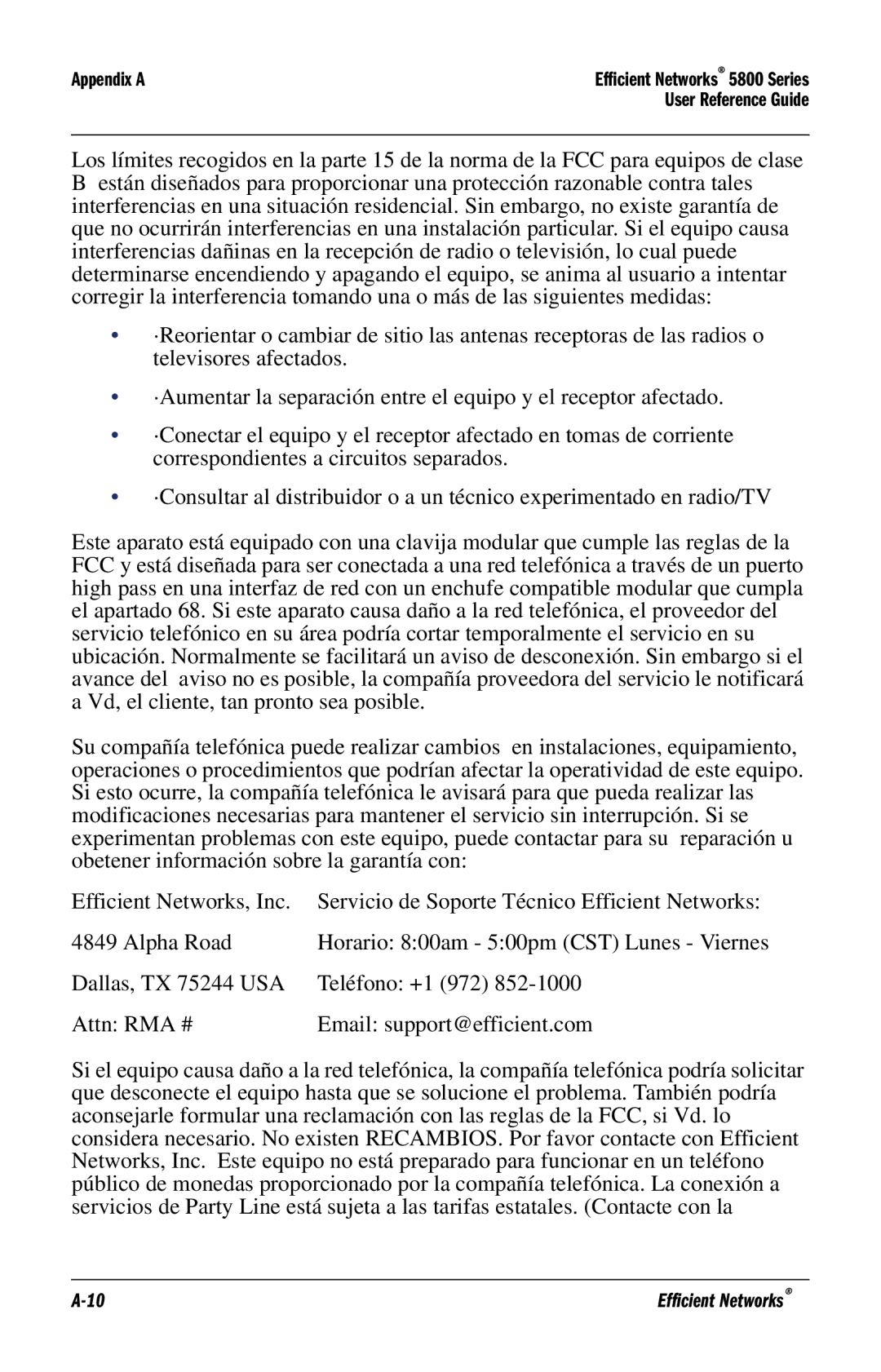 Efficient Networks 5800 manual Appendix a 