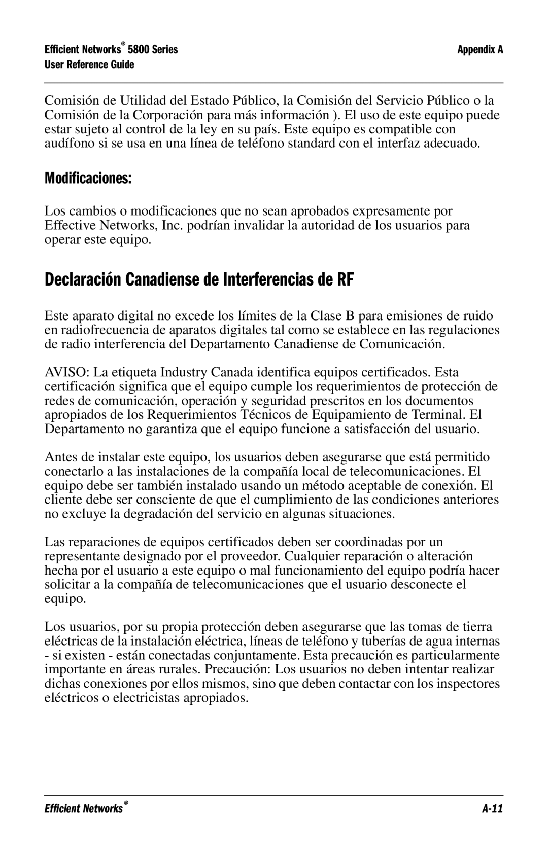 Efficient Networks 5800 manual Declaración Canadiense de Interferencias de RF, Modificaciones 