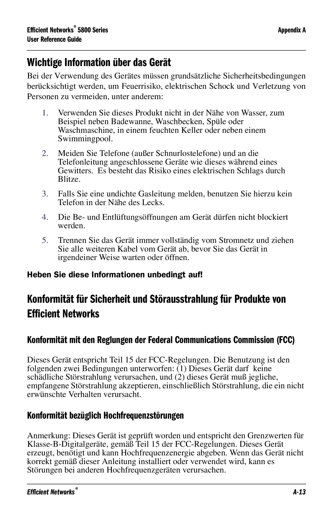 Efficient Networks 5800 manual Wichtige Information über das Gerät, Konformität bezüglich Hochfrequenzstörungen 