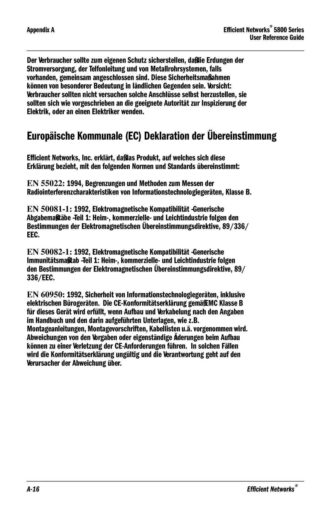 Efficient Networks 5800 manual Europäische Kommunale EC Deklaration der Übereinstimmung 