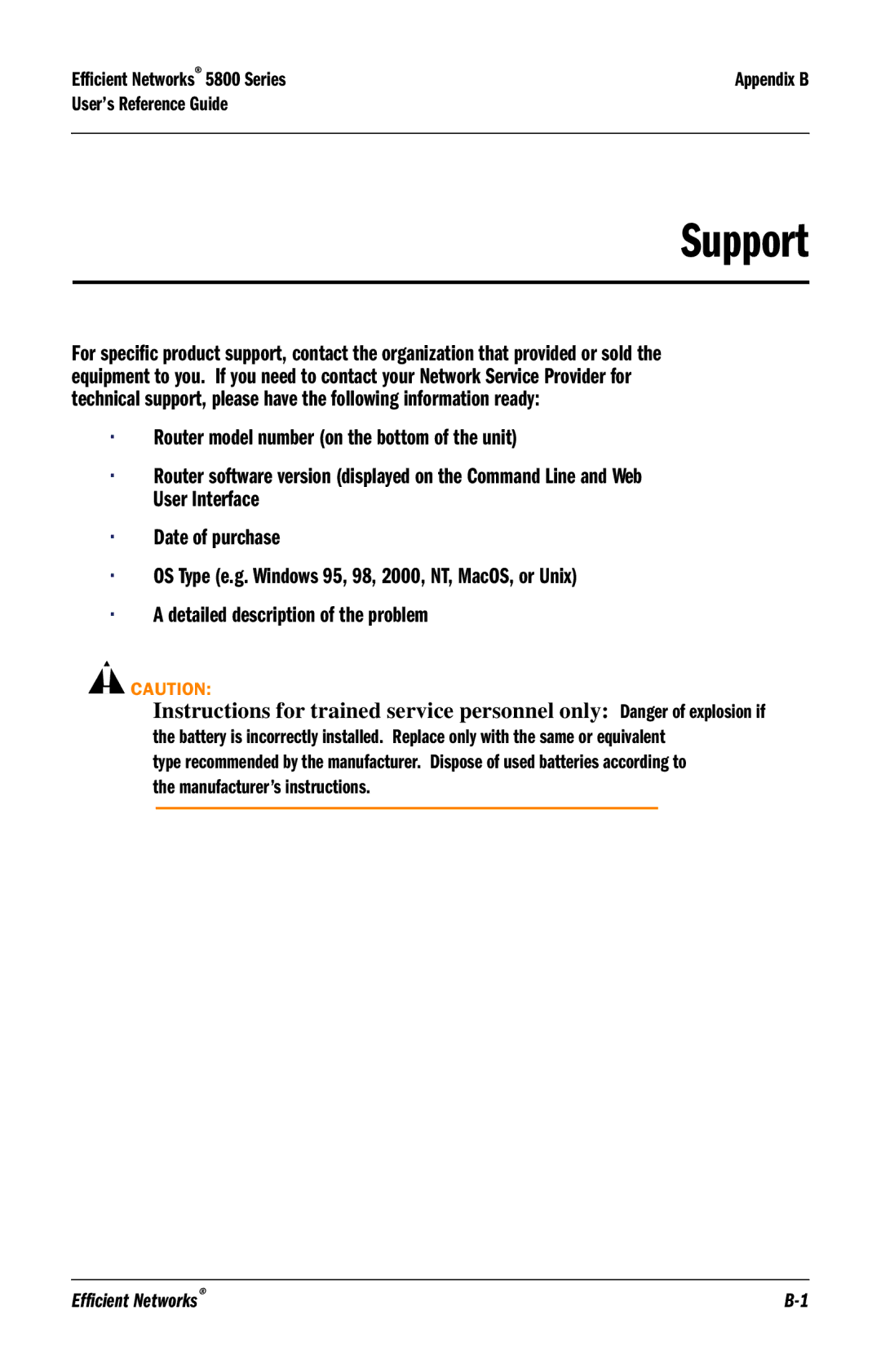 Efficient Networks 5800 manual Support 