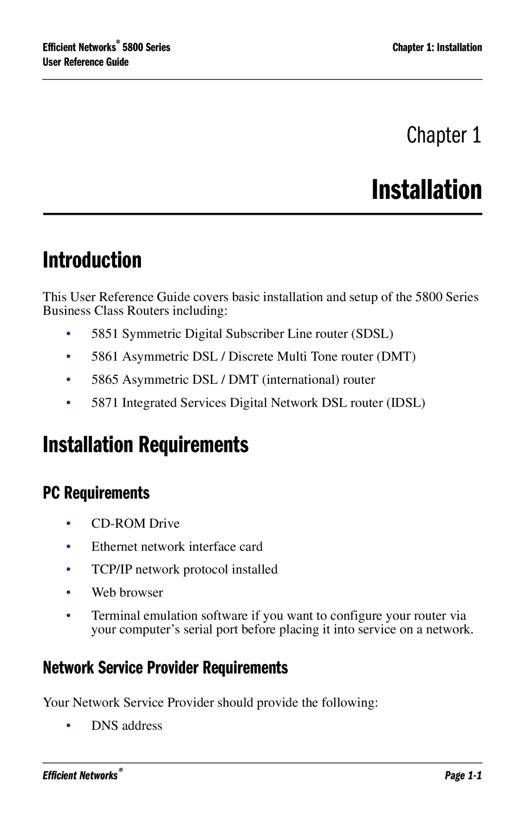 Efficient Networks 5800 manual Chapter, Introduction, Installation Requirements, PC Requirements 