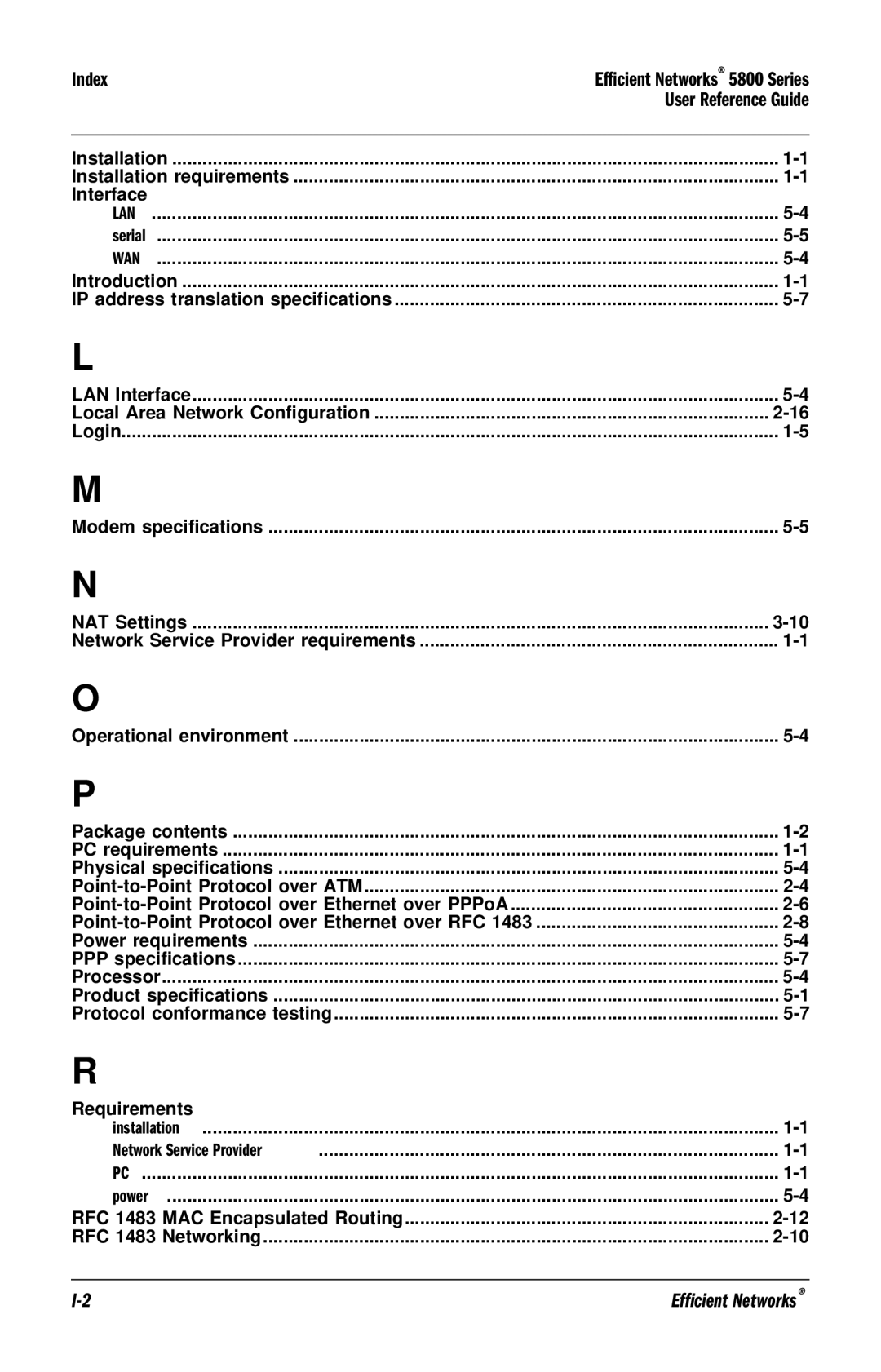 Efficient Networks 5800 manual Index 