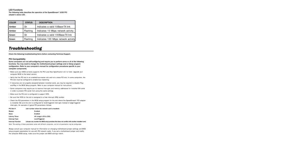 Efficient Networks PCI 10/100 quick start Troubleshooting, LED Functions, Amber, Green, PCI Compatibility 