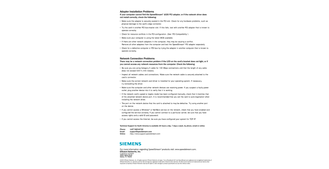 Efficient Networks PCI 10/100 Adapter Installation Problems, Network Connection Problems, Efficient Networks, Inc 