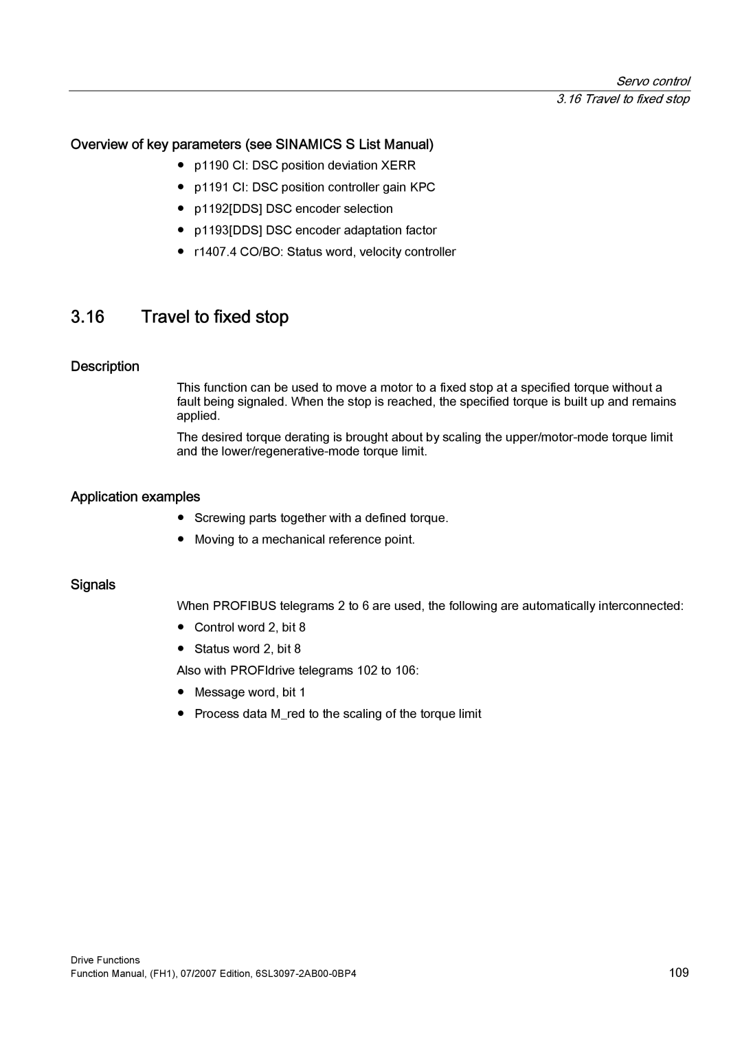 Efficient Networks S120 manual Application examples, Signals, Servo control 3.16 Travel to fixed stop 