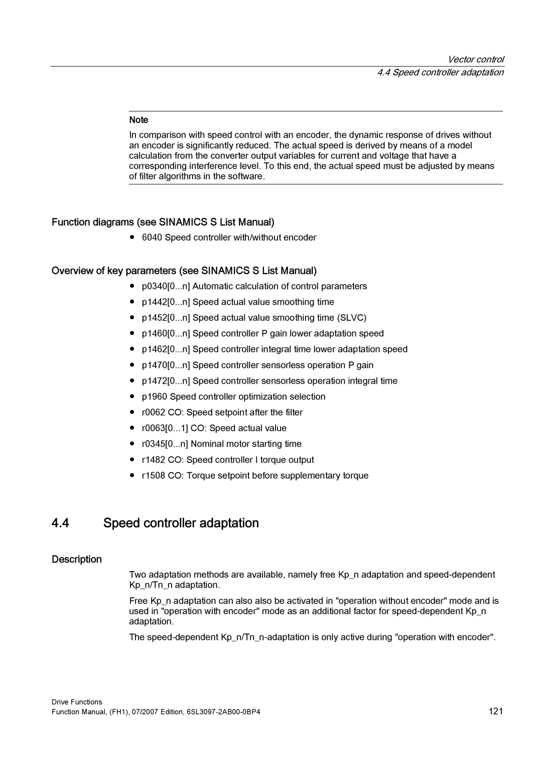 Efficient Networks S120 manual Function diagrams see Sinamics S List Manual, Vector control 4.4 Speed controller adaptation 