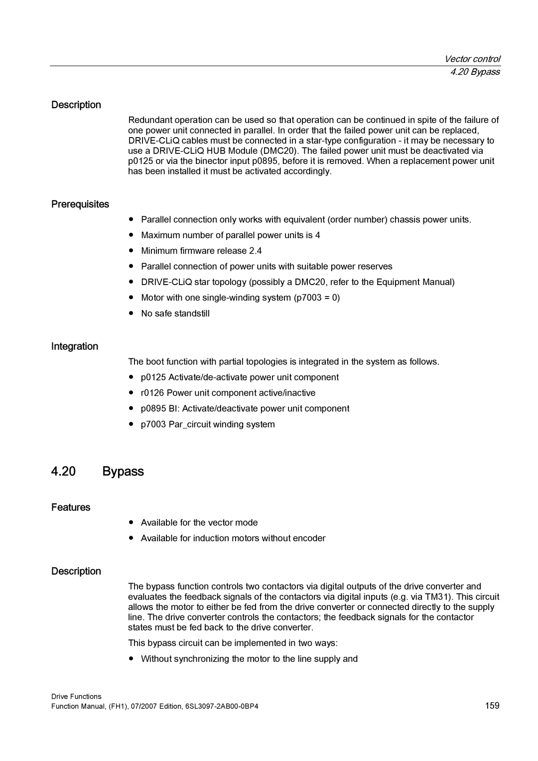 Efficient Networks S120 manual Prerequisites, Vector control 4.20 Bypass 