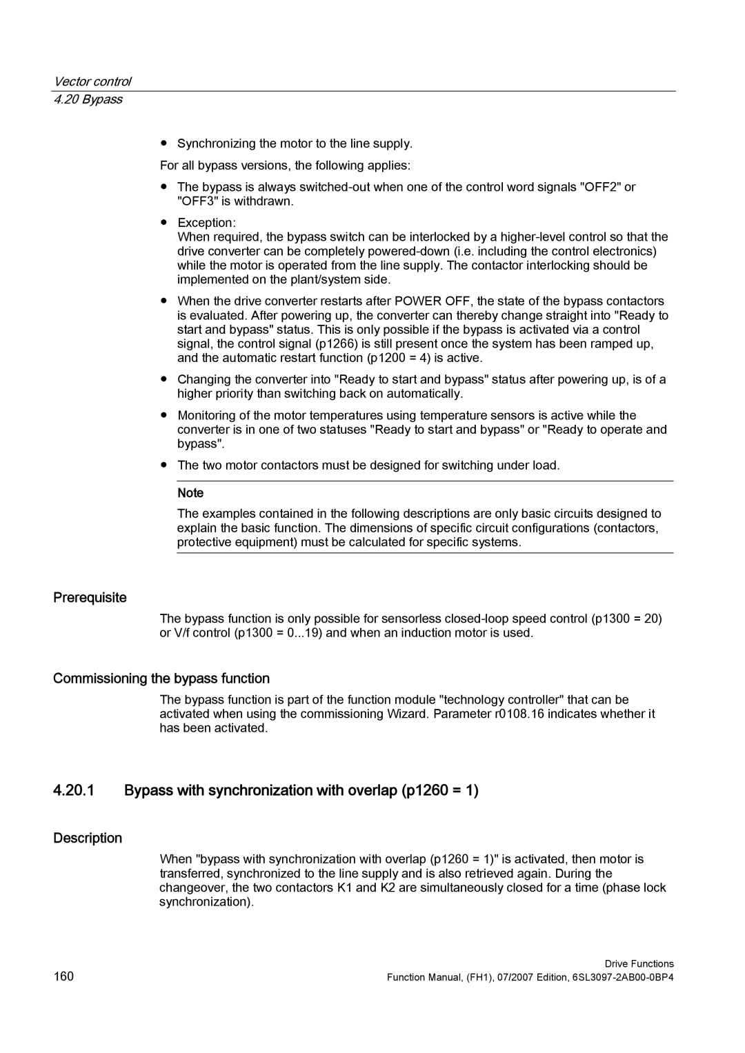 Efficient Networks S120 manual Bypass with synchronization with overlap p1260 =, Commissioning the bypass function 