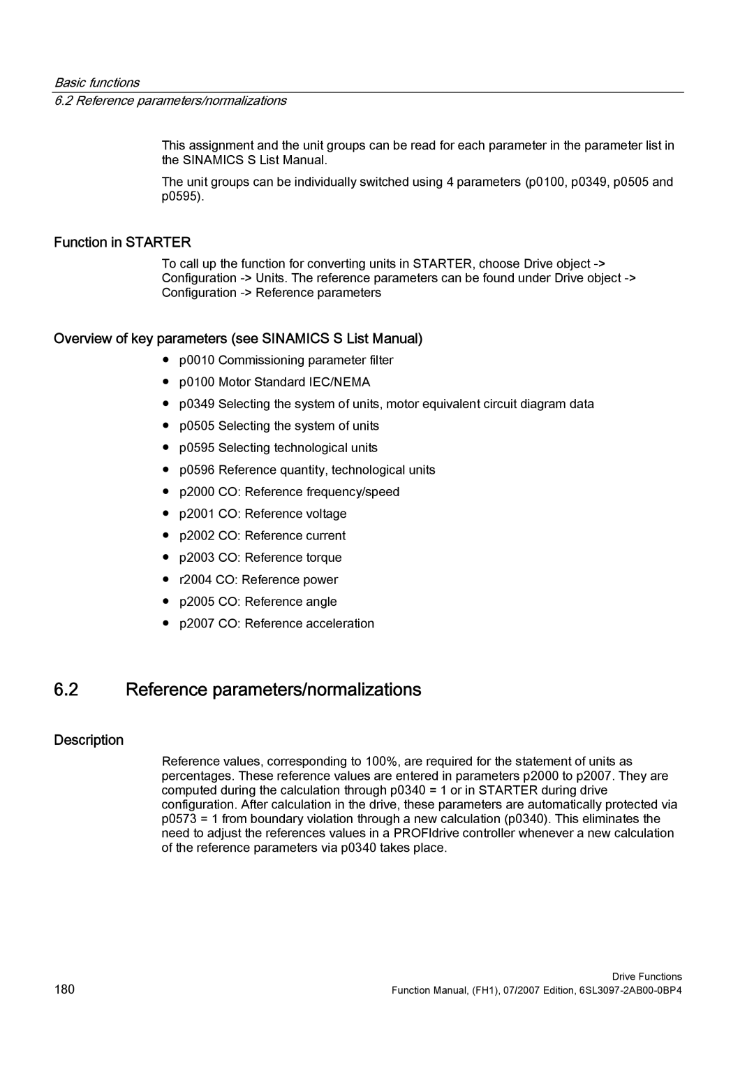 Efficient Networks S120 manual Reference parameters/normalizations, Function in Starter 