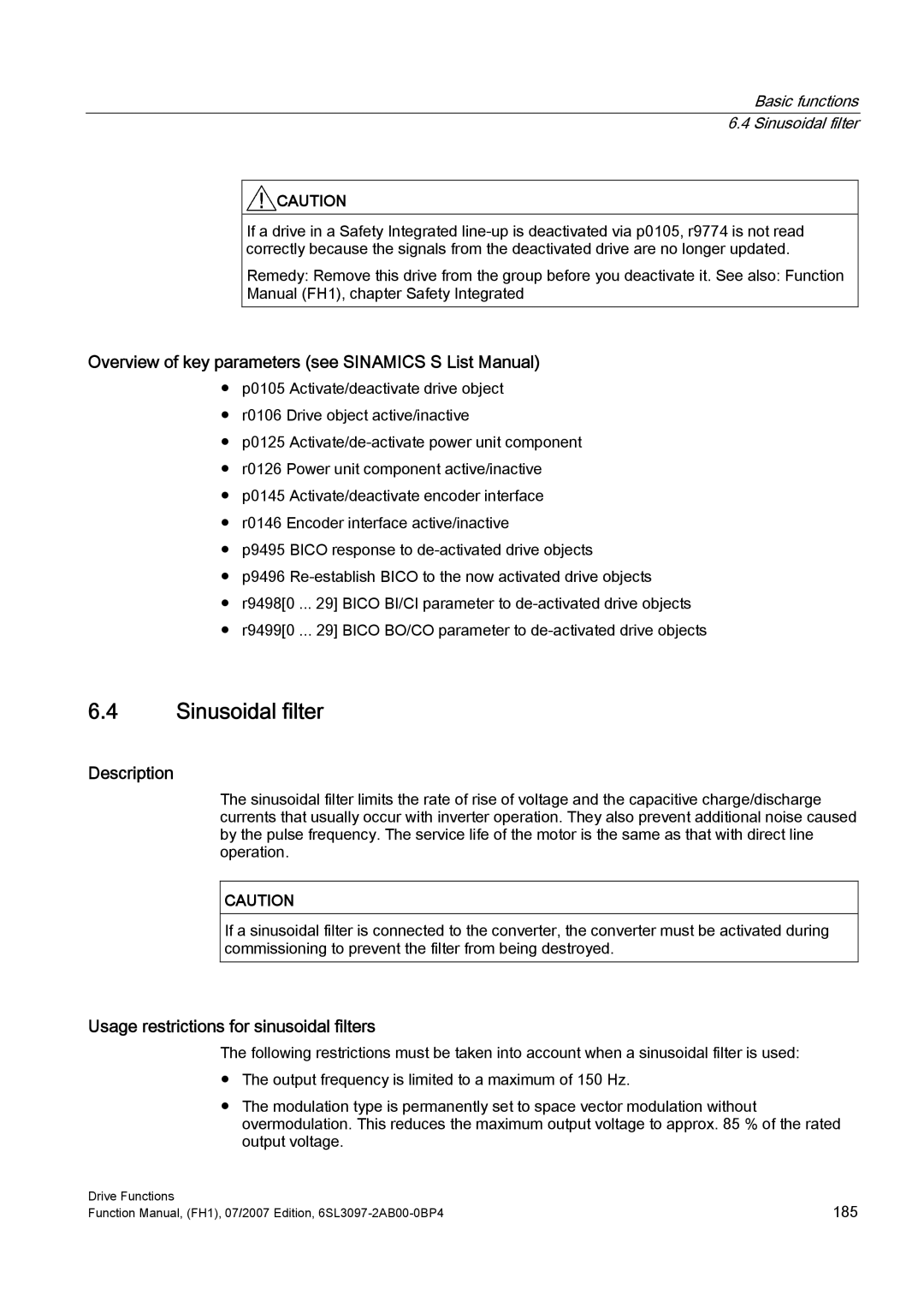 Efficient Networks S120 manual Usage restrictions for sinusoidal filters, Basic functions Sinusoidal filter 