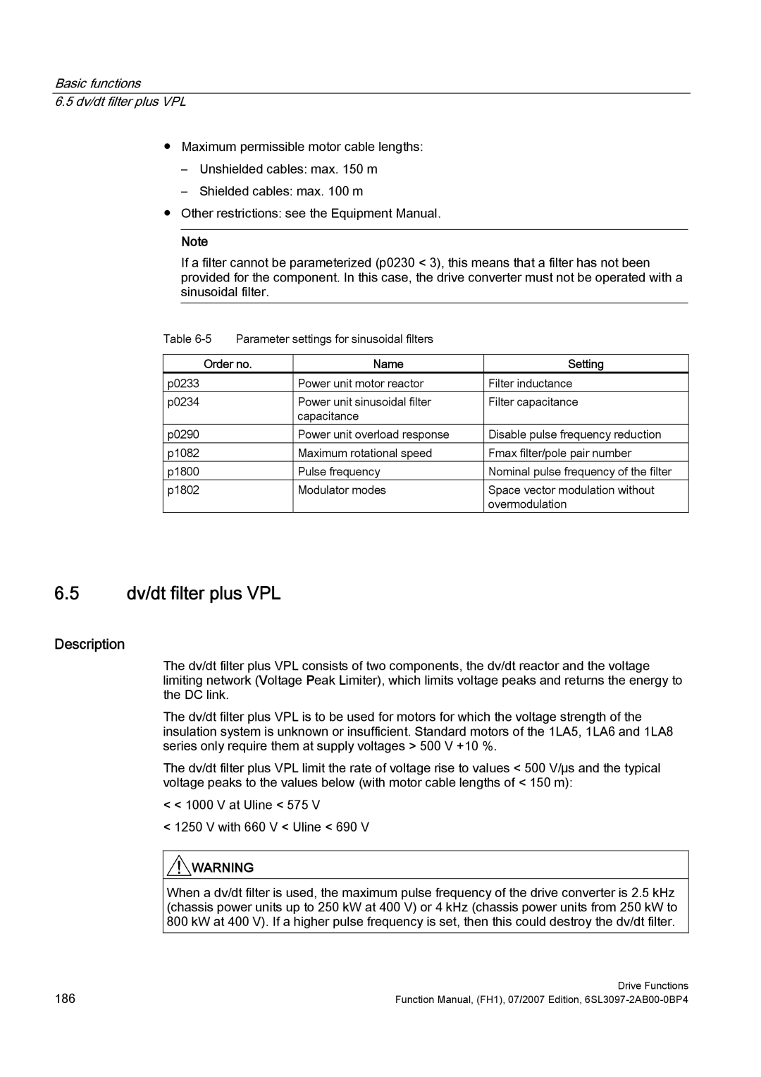 Efficient Networks S120 manual Basic functions Dv/dt filter plus VPL, Order no Name Setting 