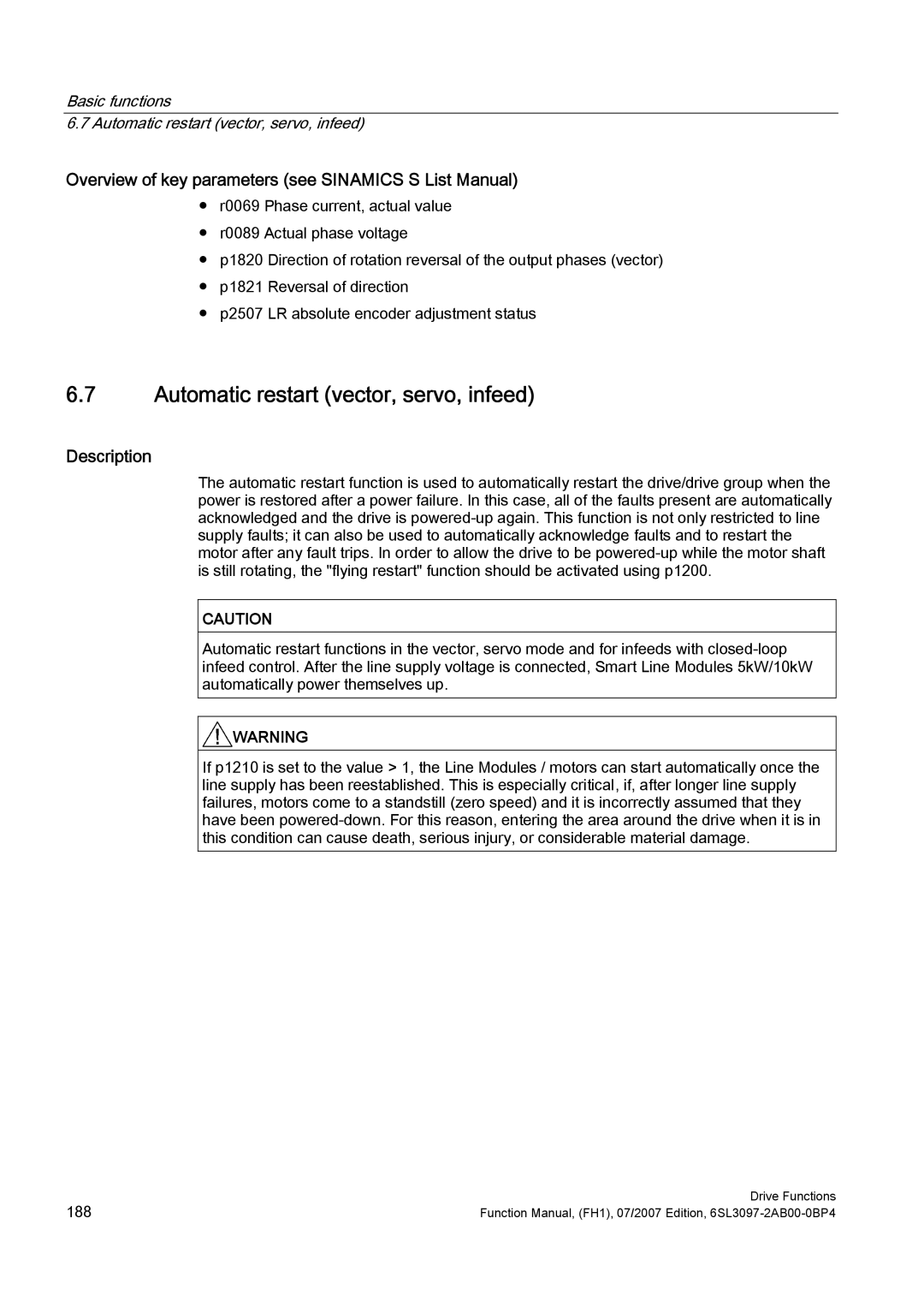 Efficient Networks S120 manual Basic functions Automatic restart vector, servo, infeed 