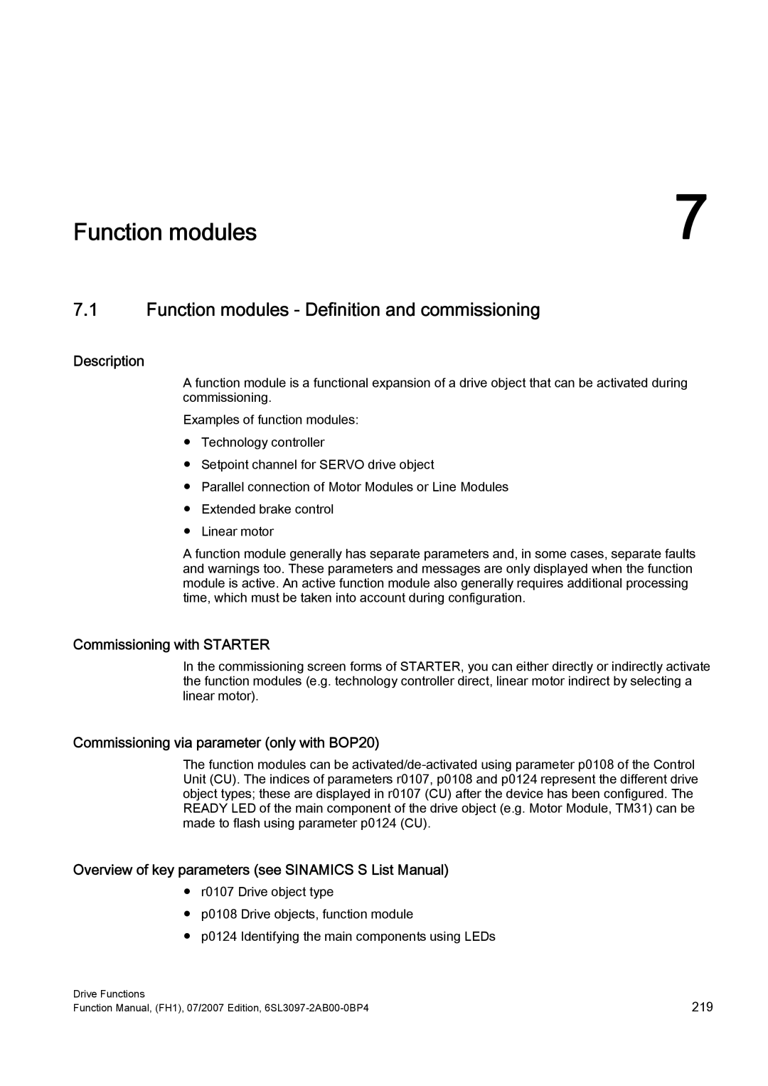 Efficient Networks S120 manual Function modules Definition and commissioning, Commissioning via parameter only with BOP20 