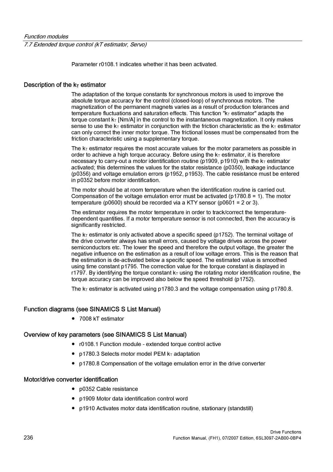 Efficient Networks S120 manual Description of the kT estimator, Motor/drive converter identification 