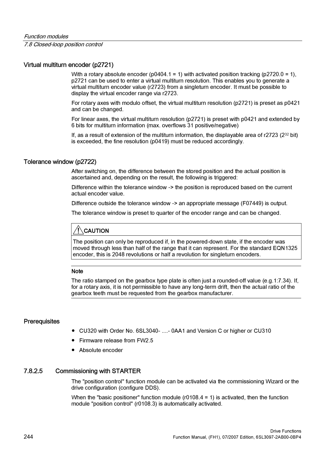 Efficient Networks S120 manual Virtual multiturn encoder p2721, Tolerance window p2722 