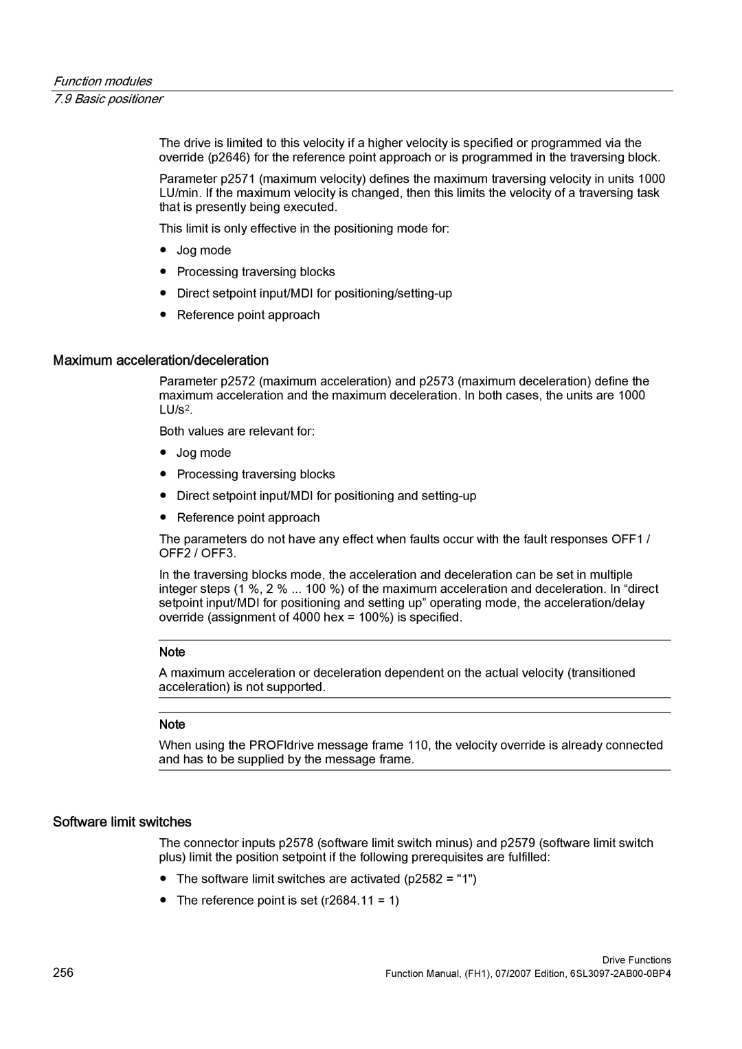 Efficient Networks S120 manual Maximum acceleration/deceleration, Software limit switches 