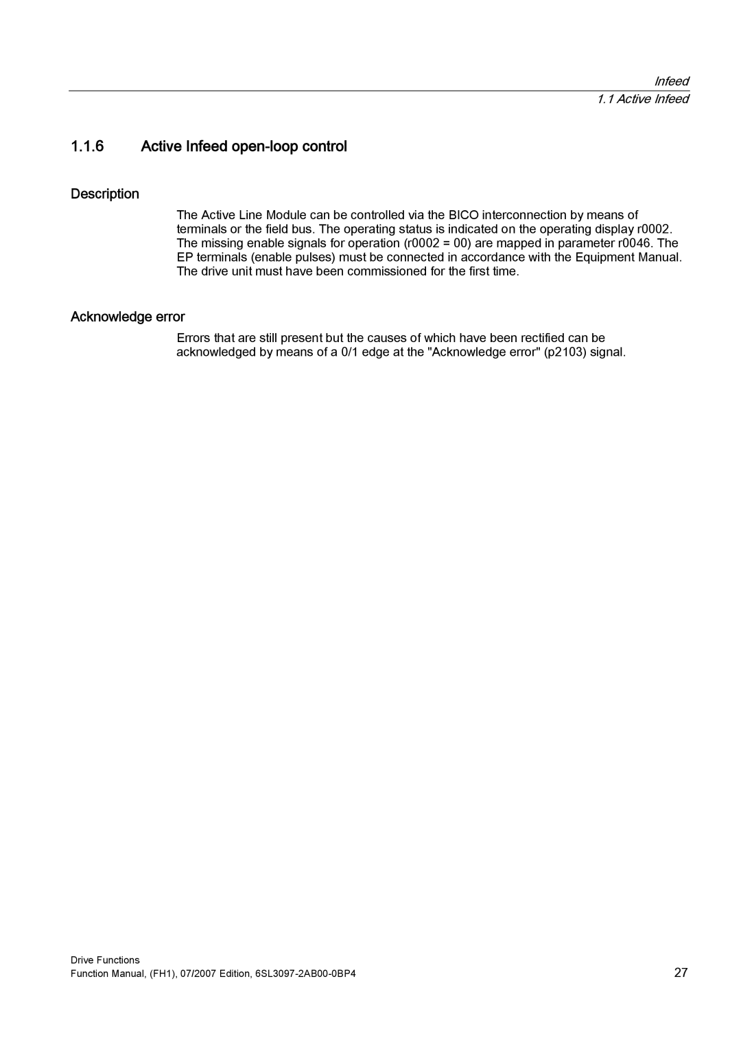 Efficient Networks S120 manual Active Infeed open-loop control, Acknowledge error 