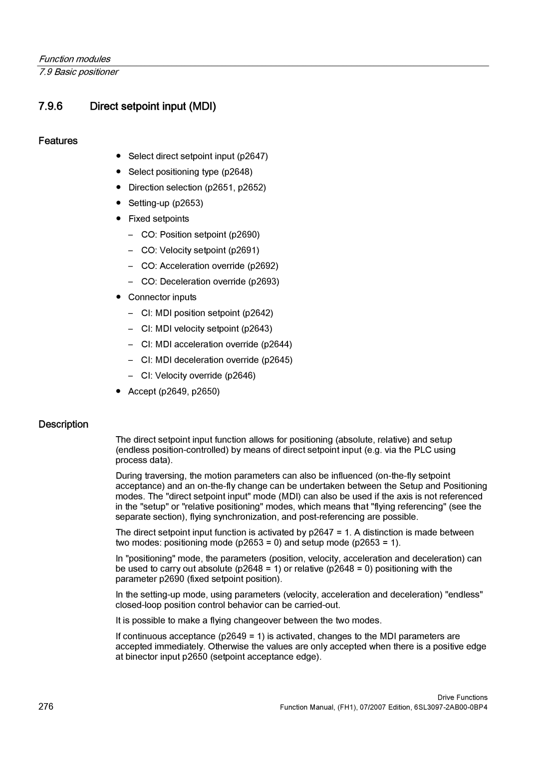 Efficient Networks S120 manual Direct setpoint input MDI, Features 