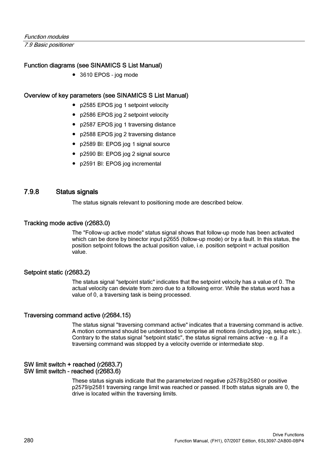 Efficient Networks S120 manual Status signals, Tracking mode active r2683.0, Setpoint static r2683.2 