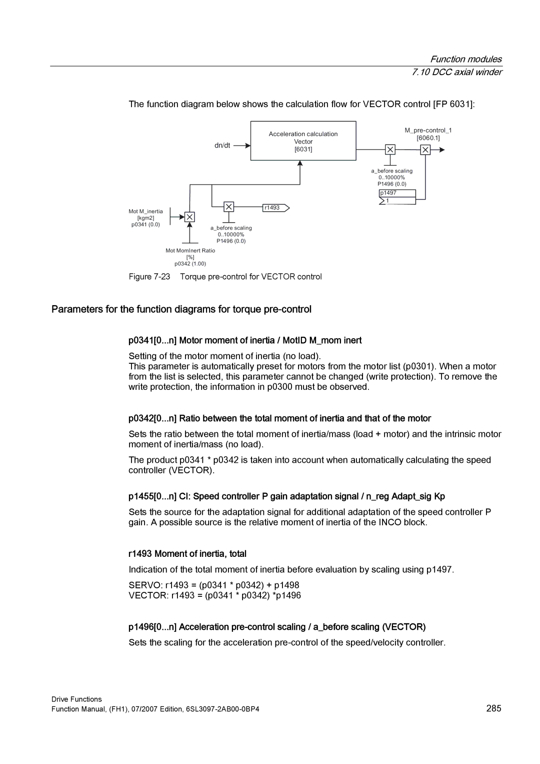 Efficient Networks S120 manual Parameters for the function diagrams for torque pre-control, R1493 Moment of inertia, total 