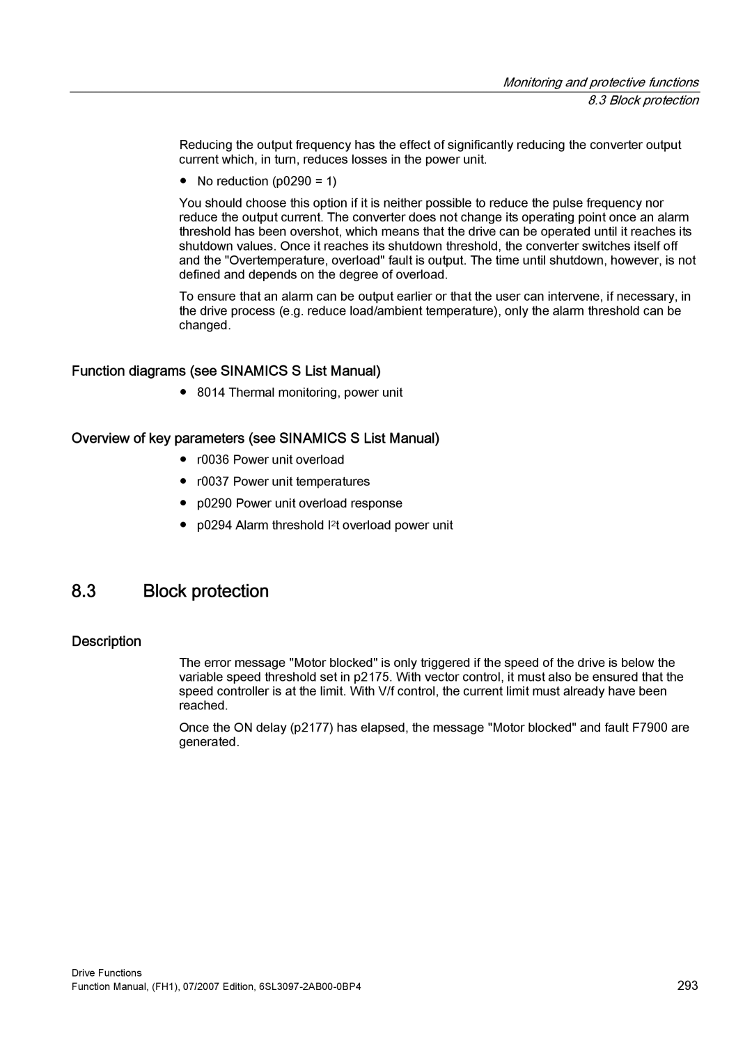 Efficient Networks S120 manual Monitoring and protective functions 8.3 Block protection 