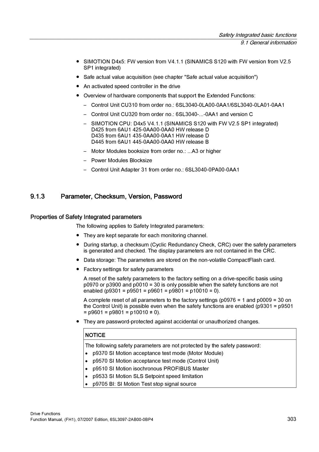 Efficient Networks S120 manual Parameter, Checksum, Version, Password, Properties of Safety Integrated parameters 