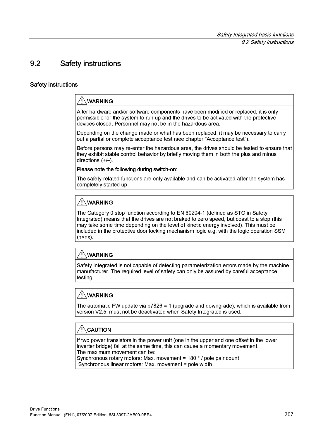 Efficient Networks S120 manual Safety Integrated basic functions 9.2 Safety instructions 