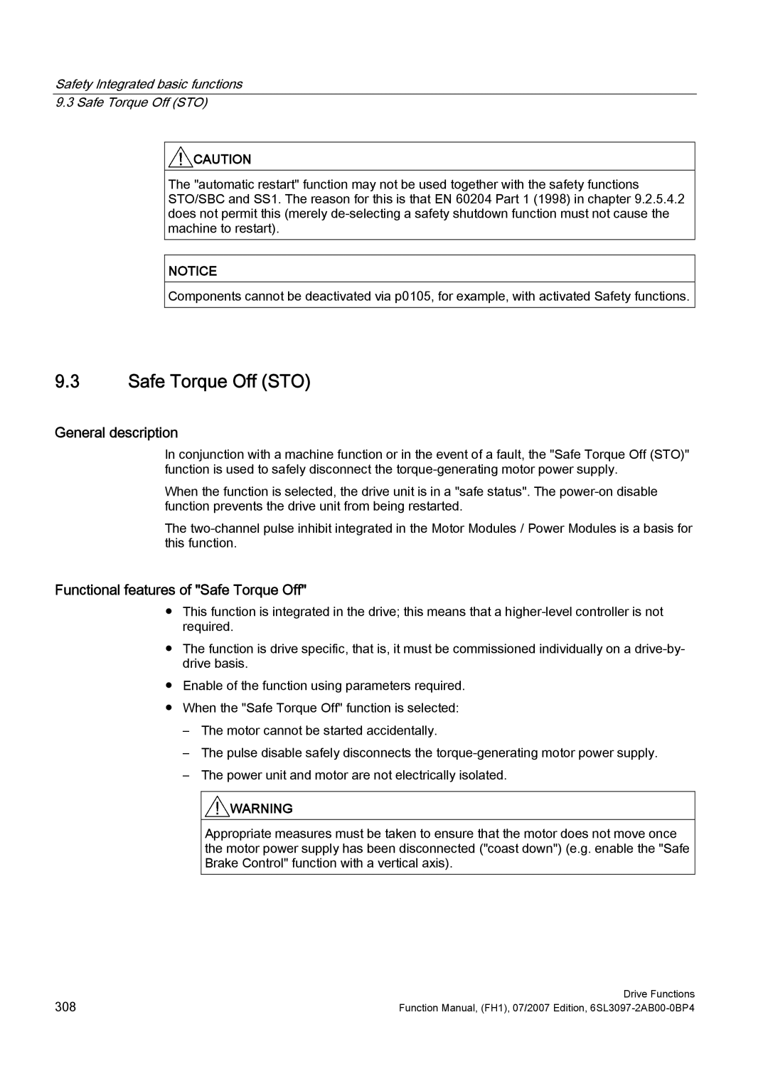 Efficient Networks S120 manual Safe Torque Off STO, Functional features of Safe Torque Off 