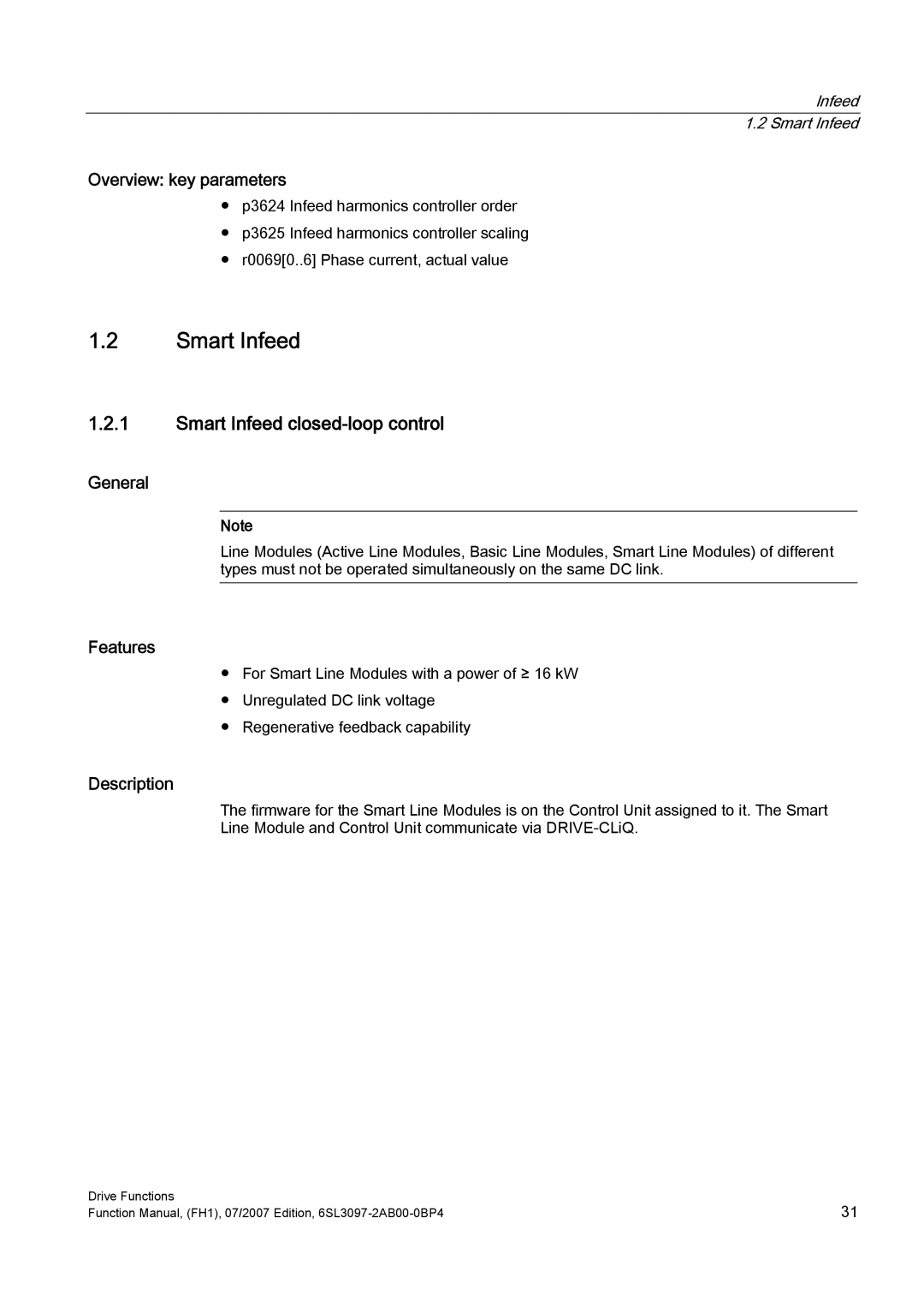 Efficient Networks S120 manual Smart Infeed closed-loop control, Overview key parameters, Infeed Smart Infeed 