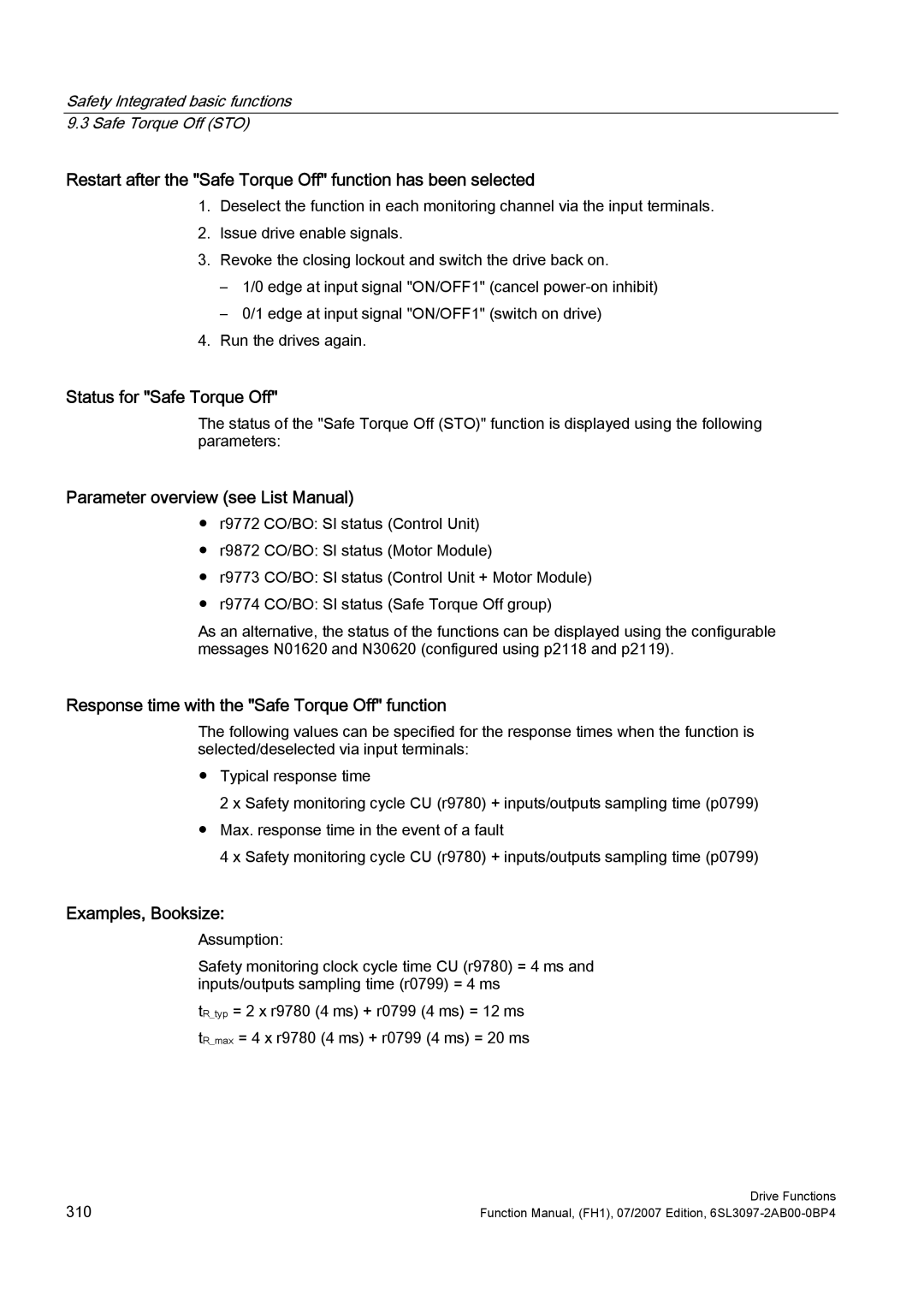 Efficient Networks S120 manual Status for Safe Torque Off, Parameter overview see List Manual, Examples, Booksize 