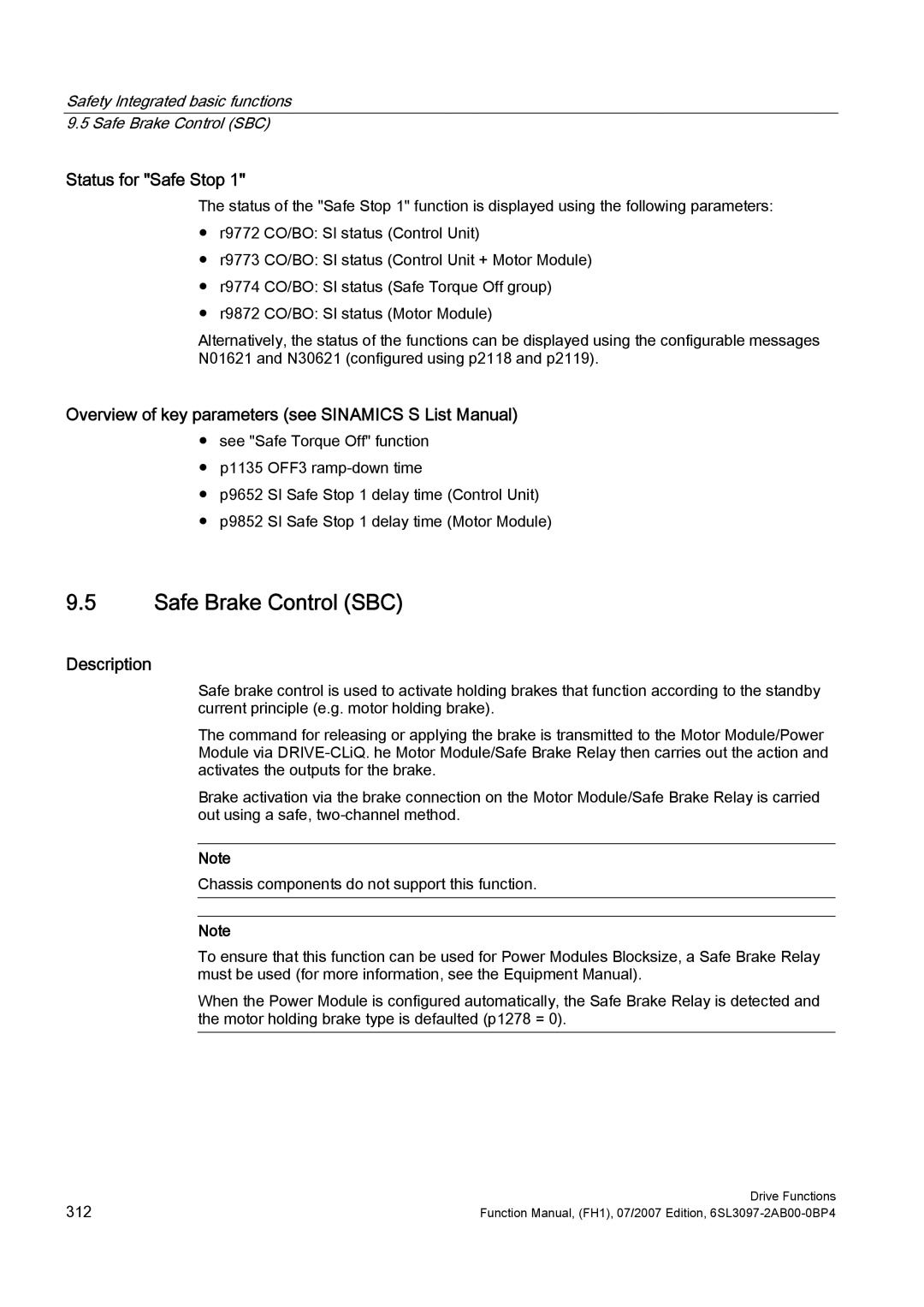 Efficient Networks S120 manual Safe Brake Control SBC, Status for Safe Stop 