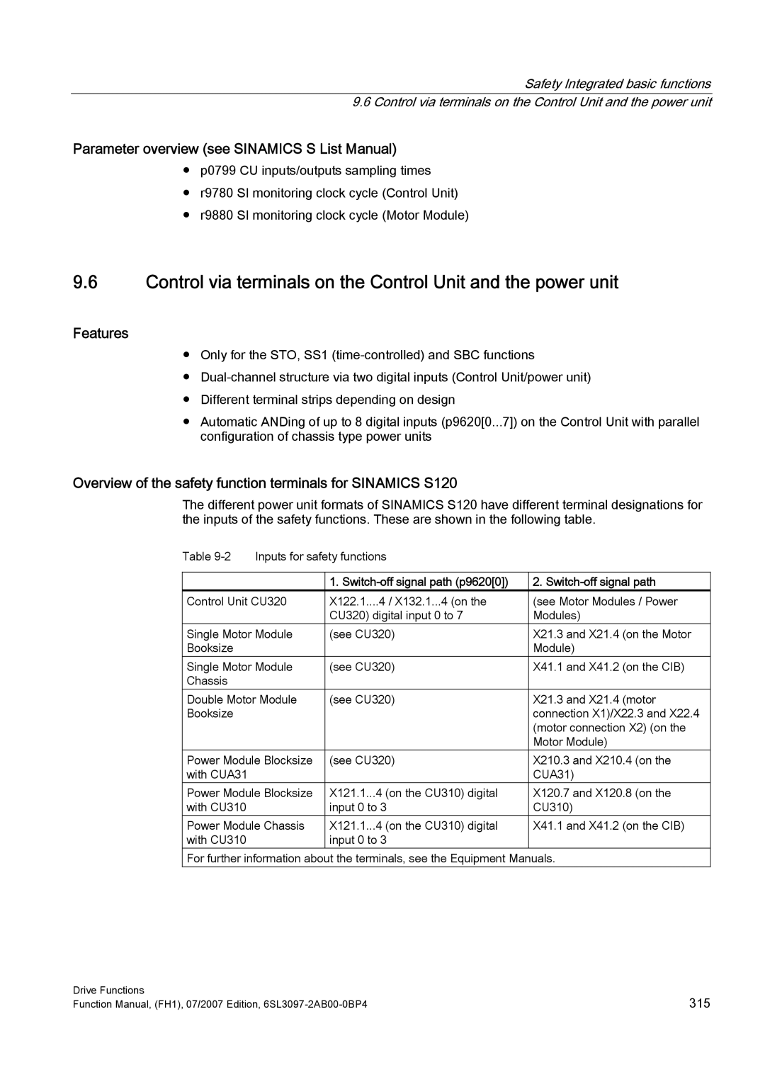 Efficient Networks manual Overview of the safety function terminals for Sinamics S120, Switch-off signal path 